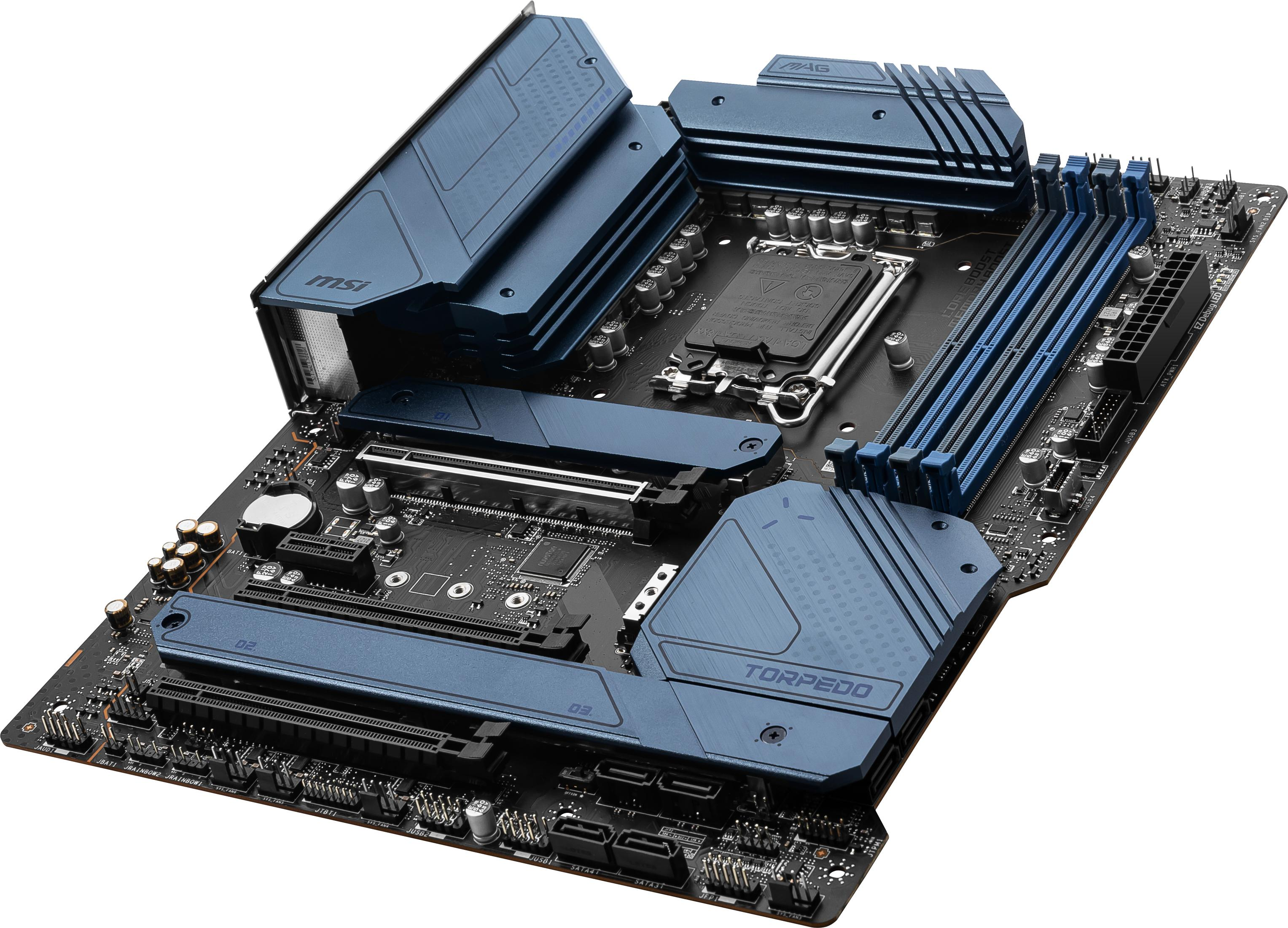 Blau-schwarzes MSI-Motherboard auf weißem Hintergrund.