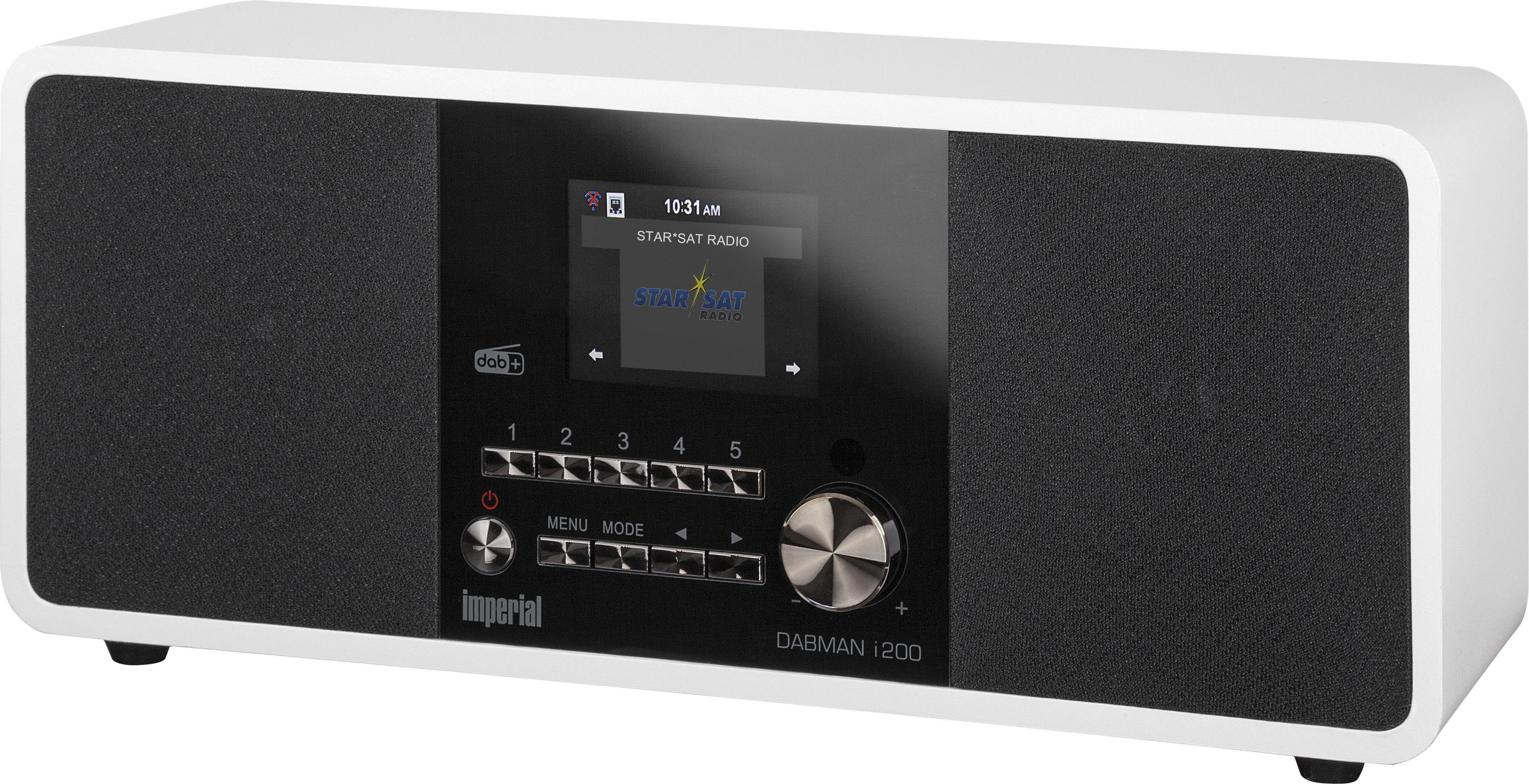 Biało-czarne radio z ekranem. Wyświetla godzinę i informacje o stacji.