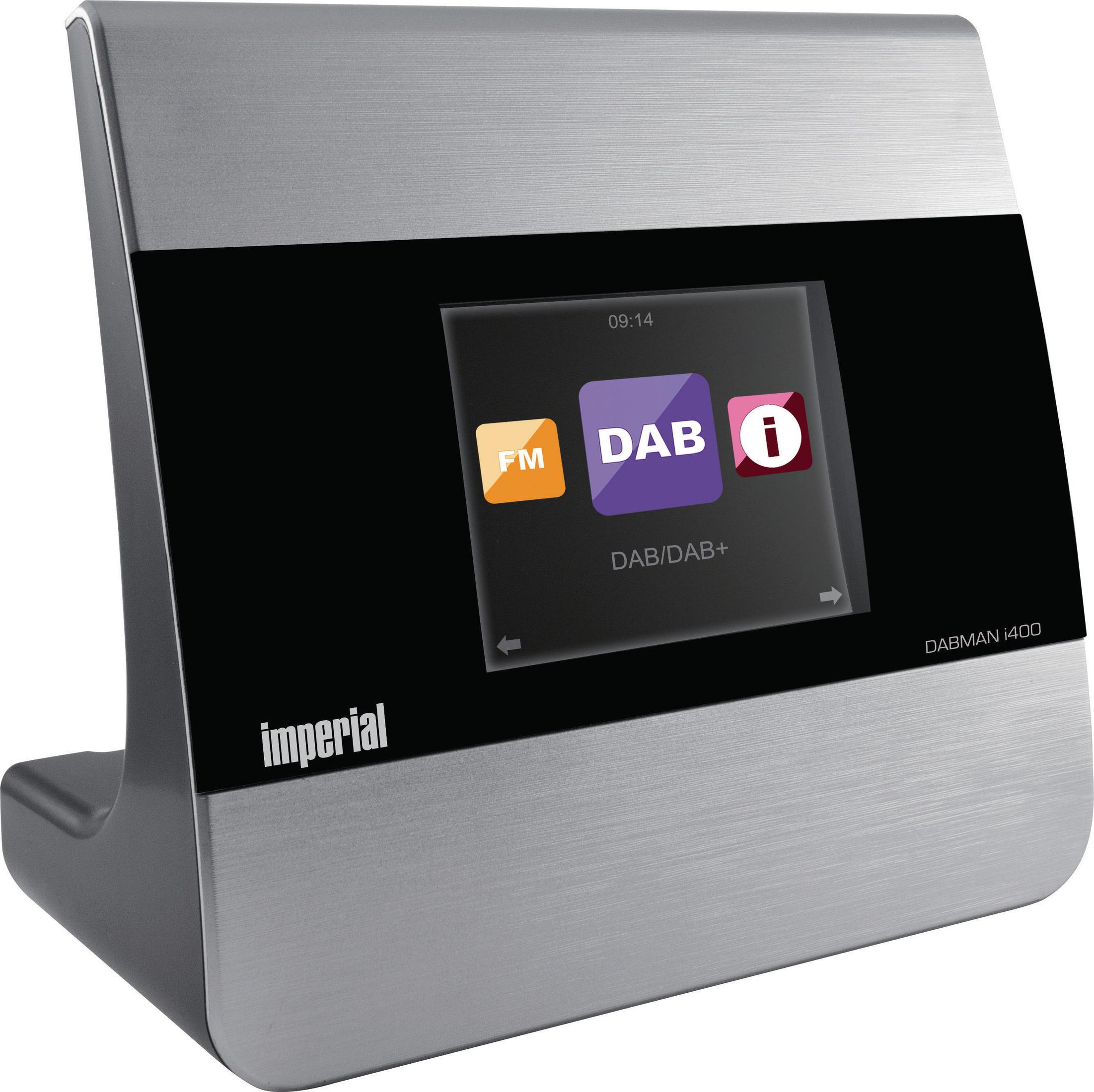Radio DAB argentata con schermo nero che mostra icone DAB/DAB+ e FM. Lo schermo mostra l'ora.