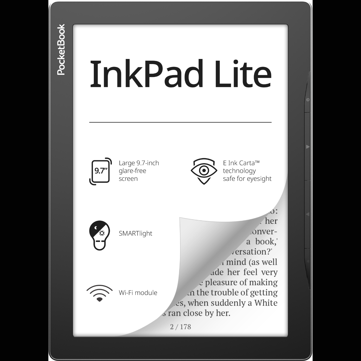 PocketBook InkPad Lite E-Reader mit großem Bildschirm, der einen Text liest.