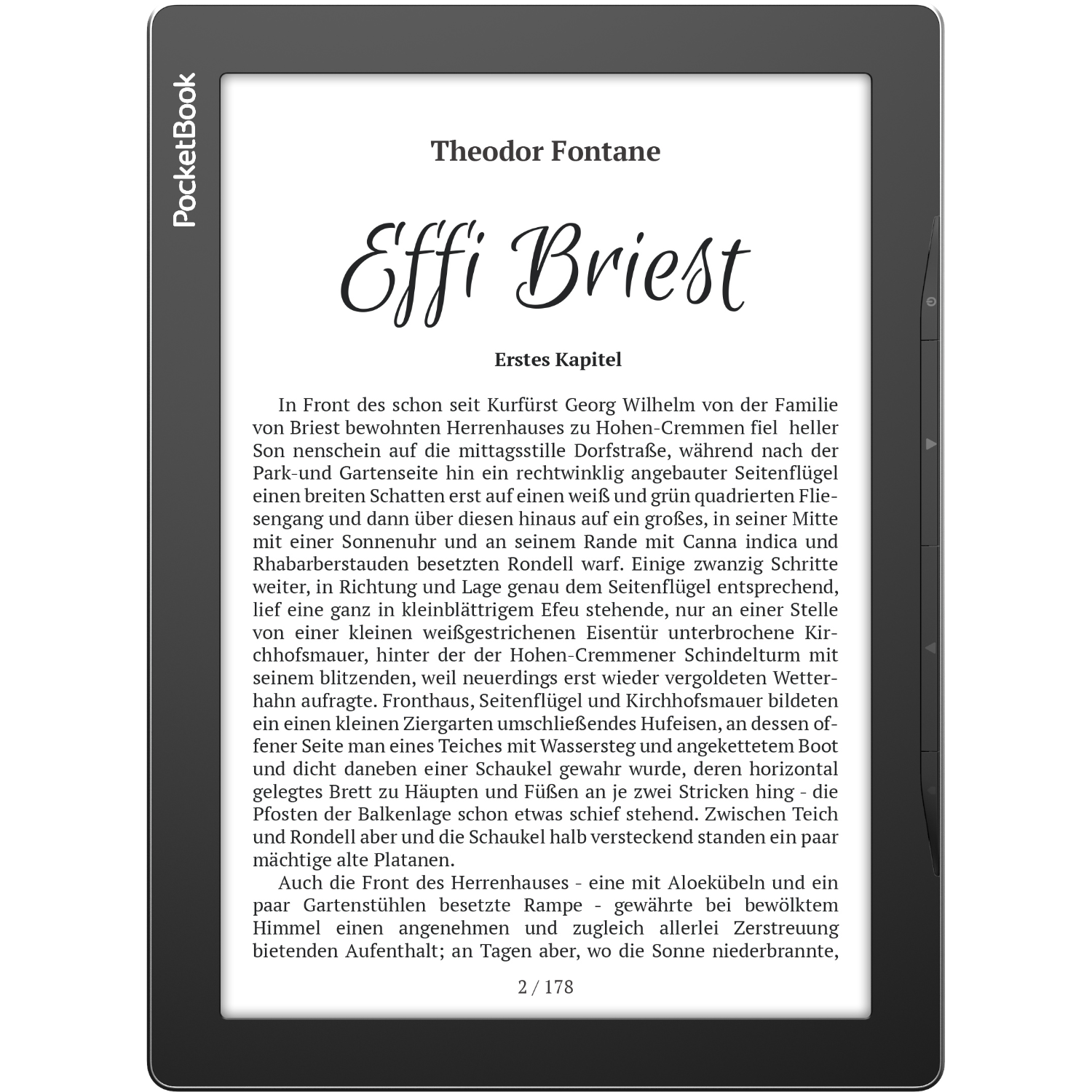 Ein E-Book-Reader, der Text anzeigt. Schwarz-Weiß-Bildschirm. Der Titel ist Effi Briest, der Autor ist Theodor Fontane.