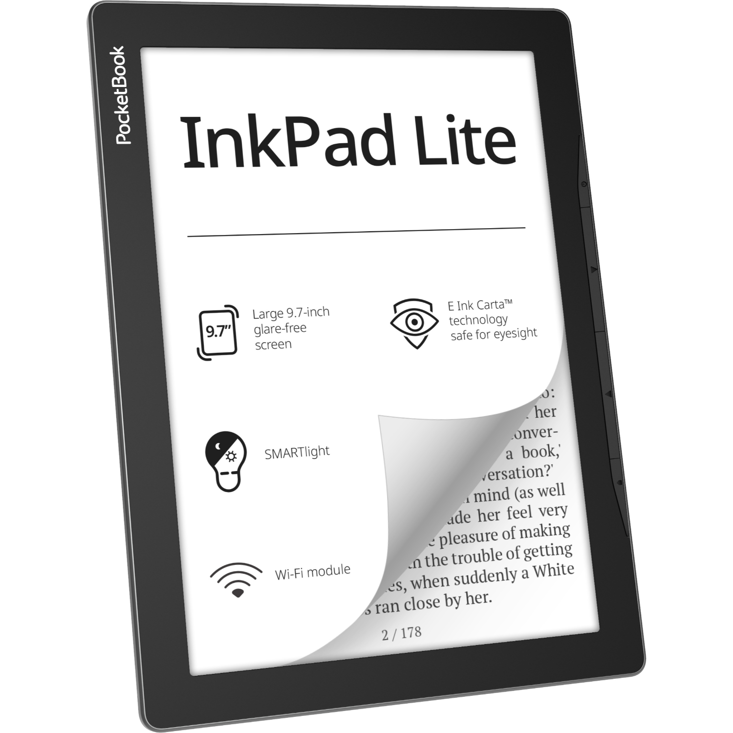 E-Reader mit Text auf dem Bildschirm, schwarzer Rahmen und weißer Hintergrund.