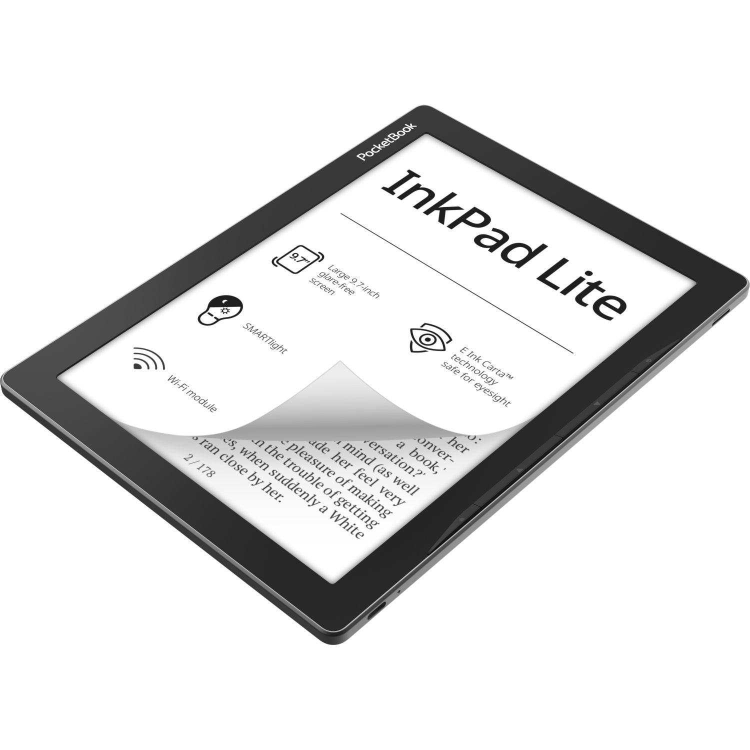 PocketBook InkPad Lite E-Reader, schwarz, mit Text auf dem Bildschirm. Weißer Hintergrund.