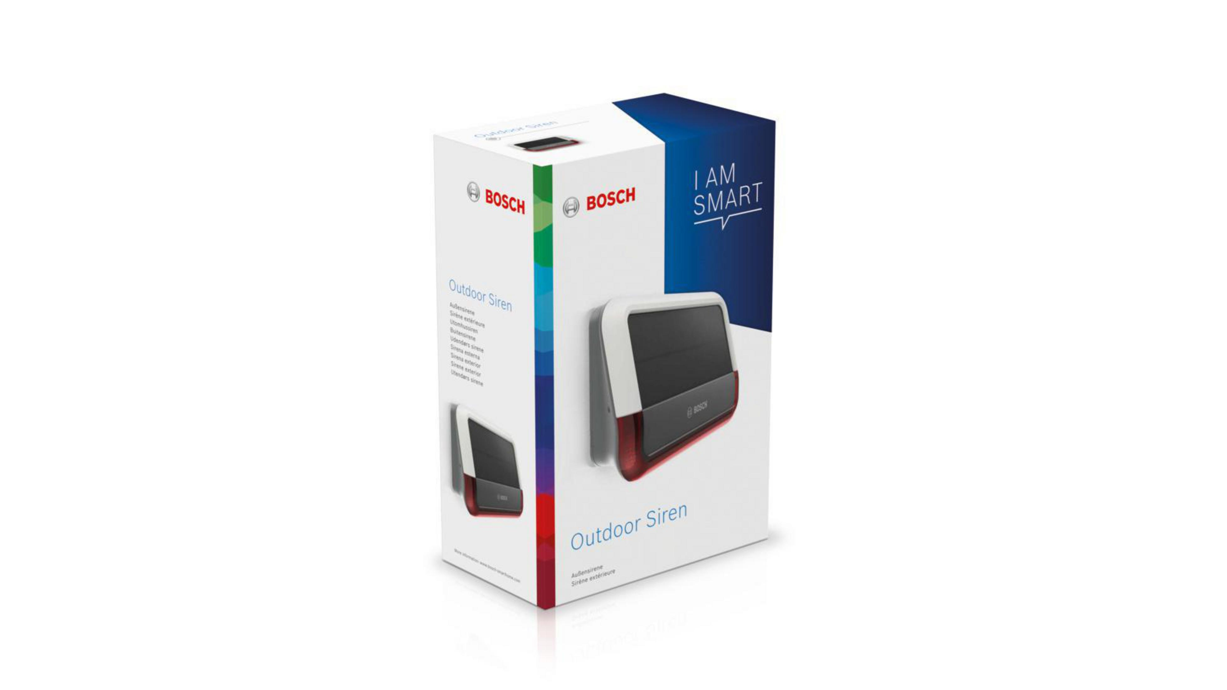 Eine weiße und blaue Bosch Außensirenenbox mit dem Produkt darauf.