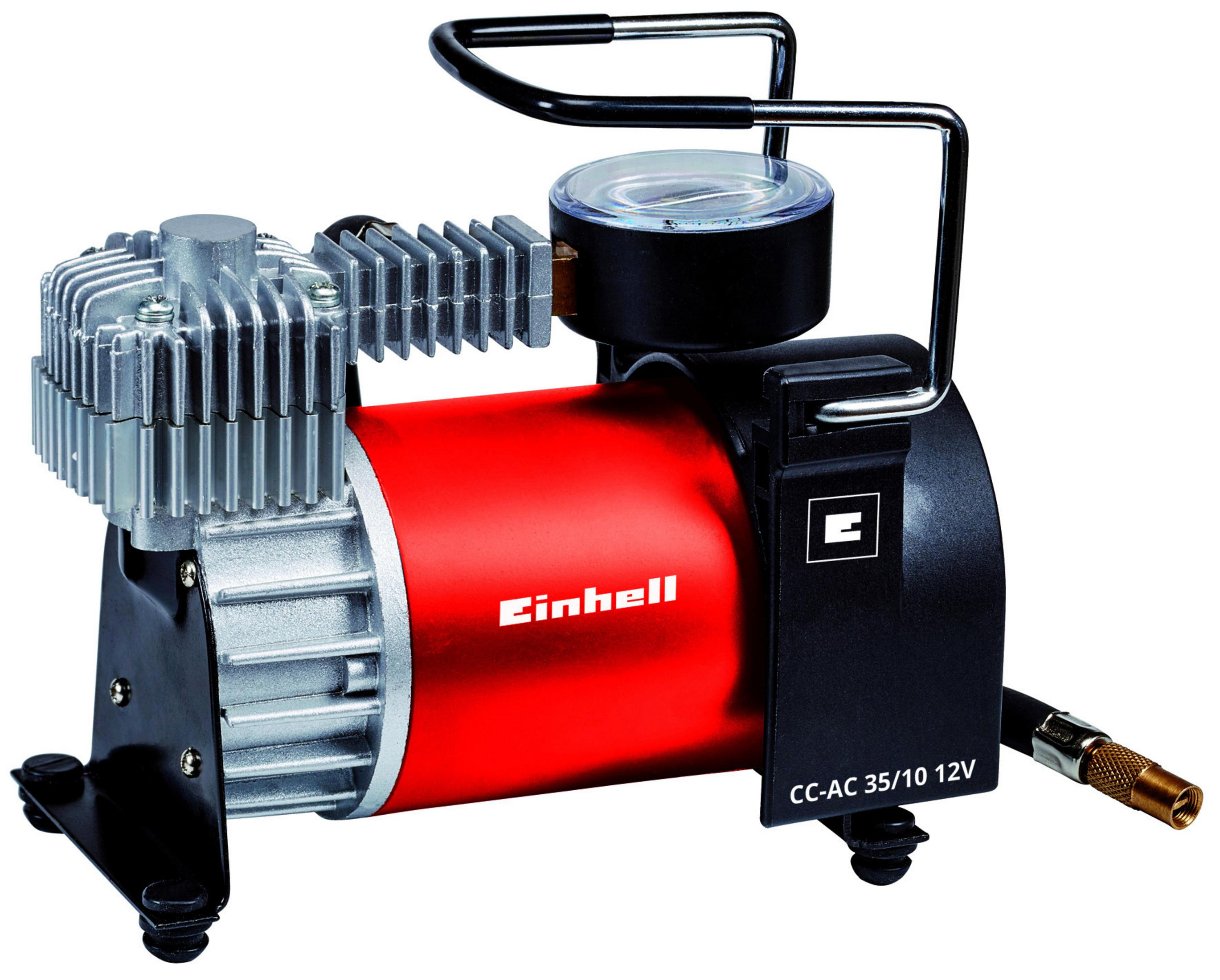 Ein roter und schwarzer Einhell-Luftkompressor mit silbernem Oberteil und Manometer.