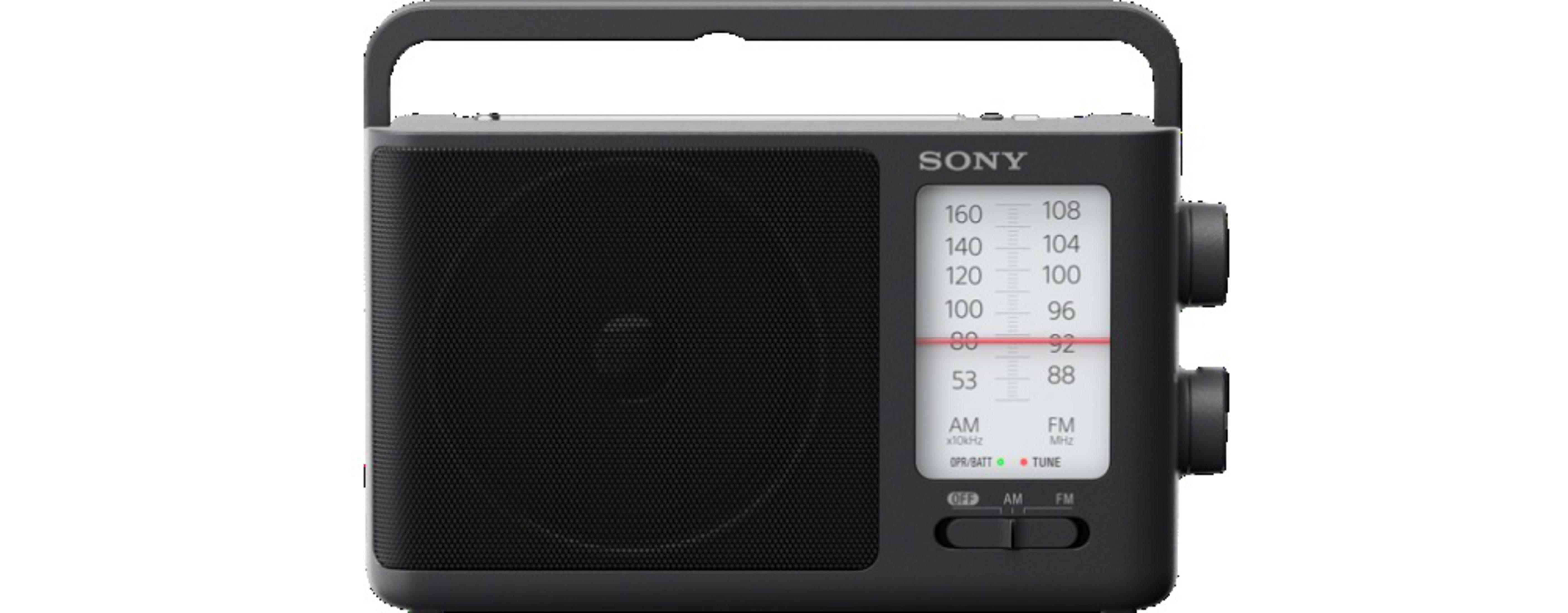 Black Sony radio with handle, tuner dial, and speaker grill. The radio dial displays AM/FM frequencies.