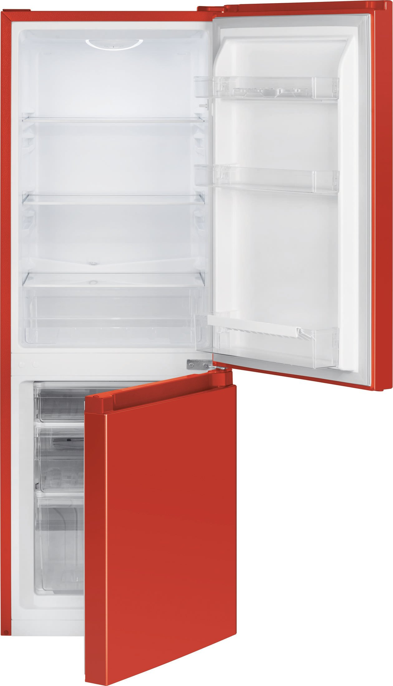 Refrigerador rojo, interior abierto. Muestra estantes, cajones y estantes de puerta. Interior blanco.