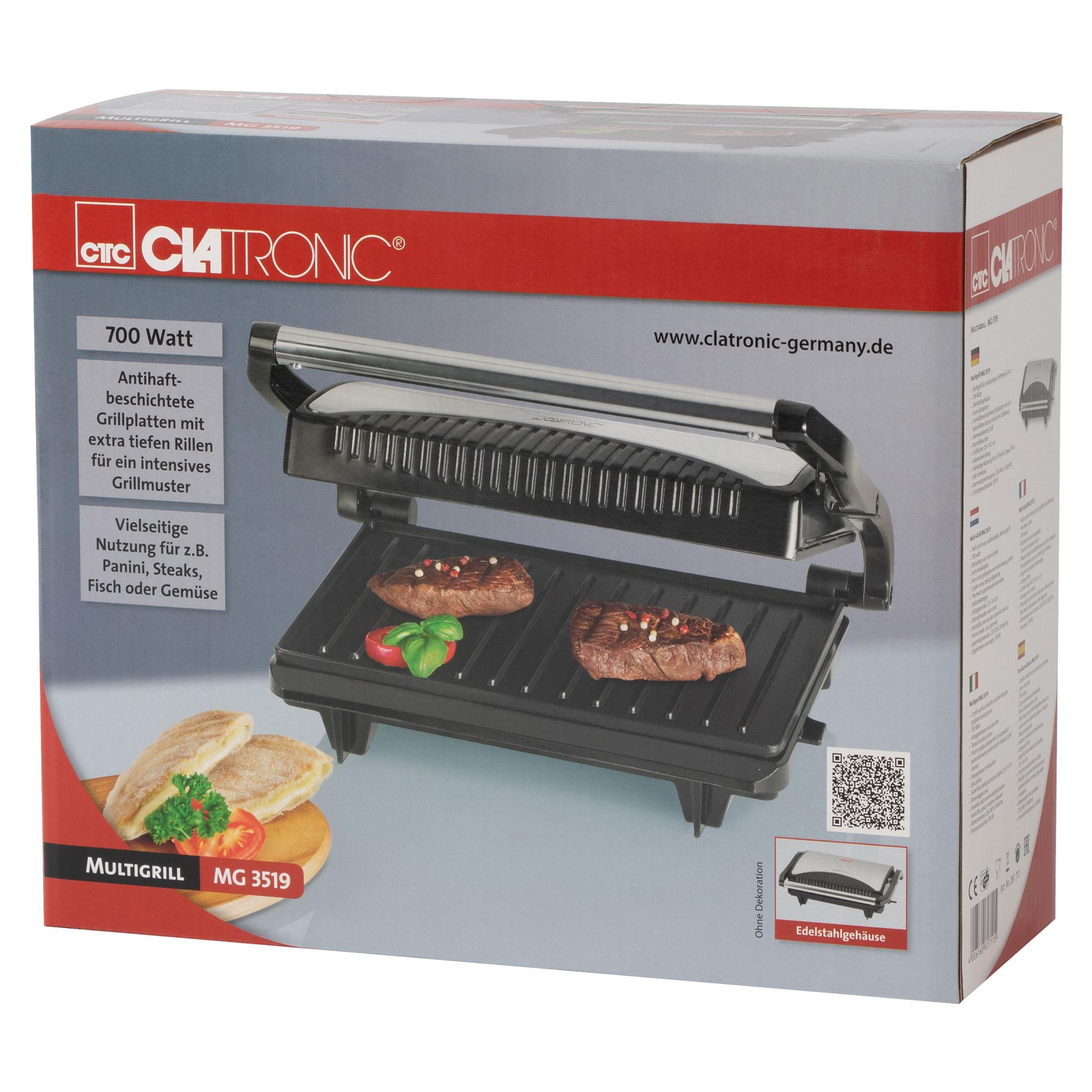 Grillbox mit zwei gebratenen Steaks und Gemüse. Auf der Box steht Clatronic MultiGrill.