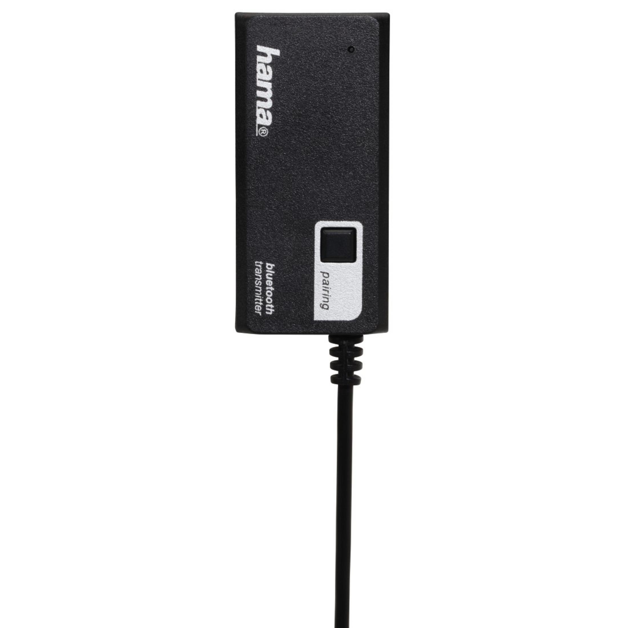 Schwarzer Hama Bluetooth-Sender mit USB-Kabel. Das Gerät hat eine Pairing-Taste und das Hama-Logo.