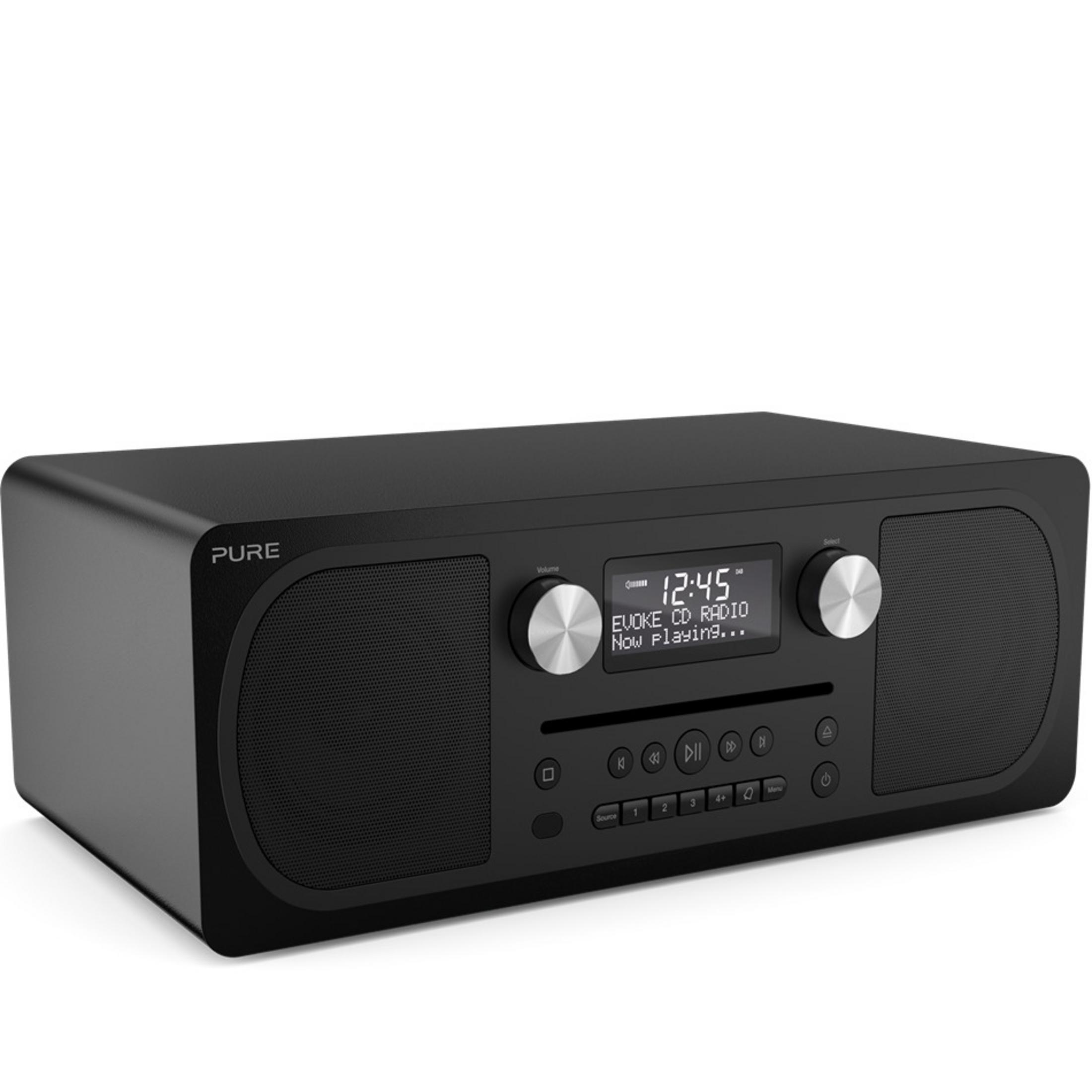 Un lettore CD radio DAB nero con altoparlanti e display digitale.