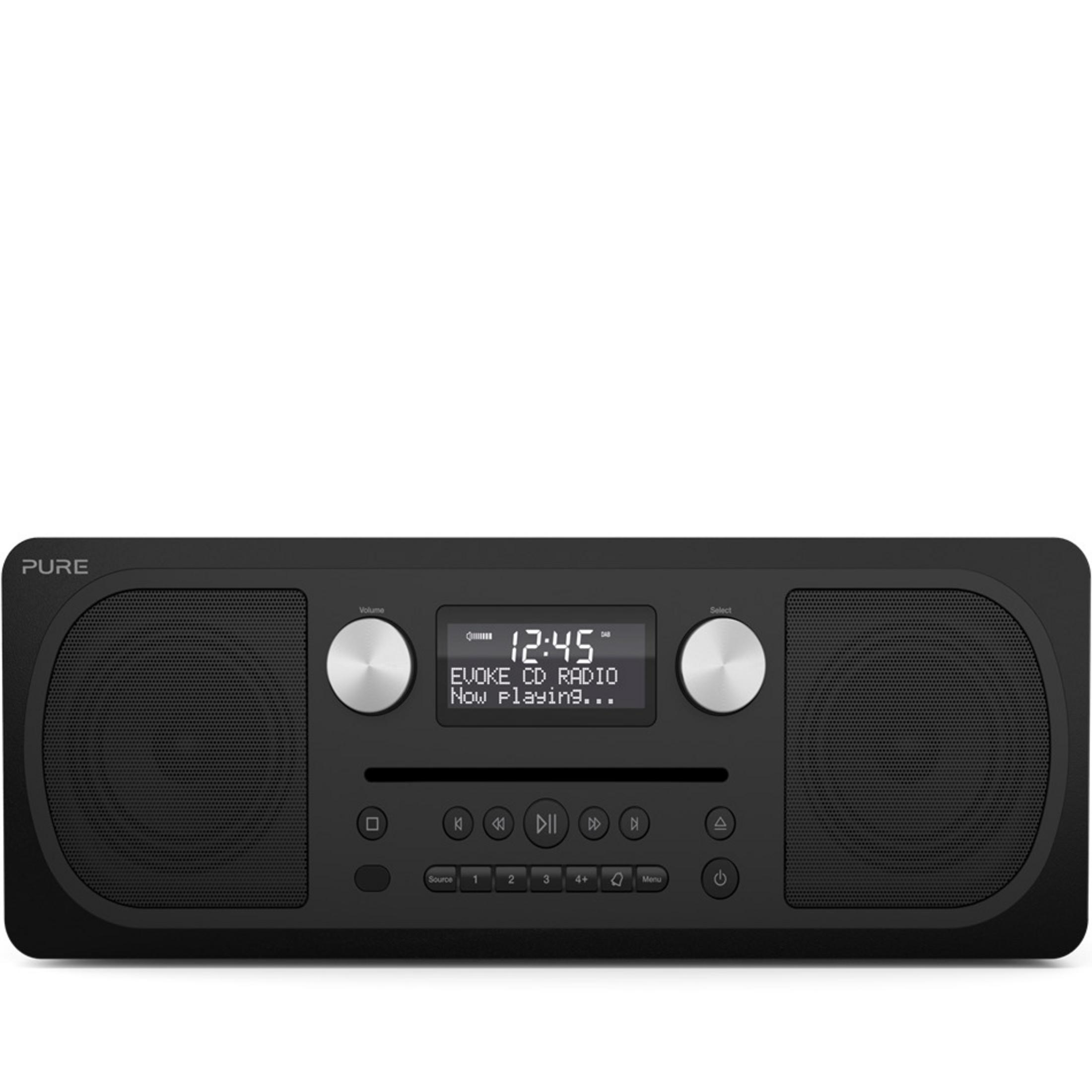 Radio DAB nera con lettore CD e pulsanti. Mostra 12:45.