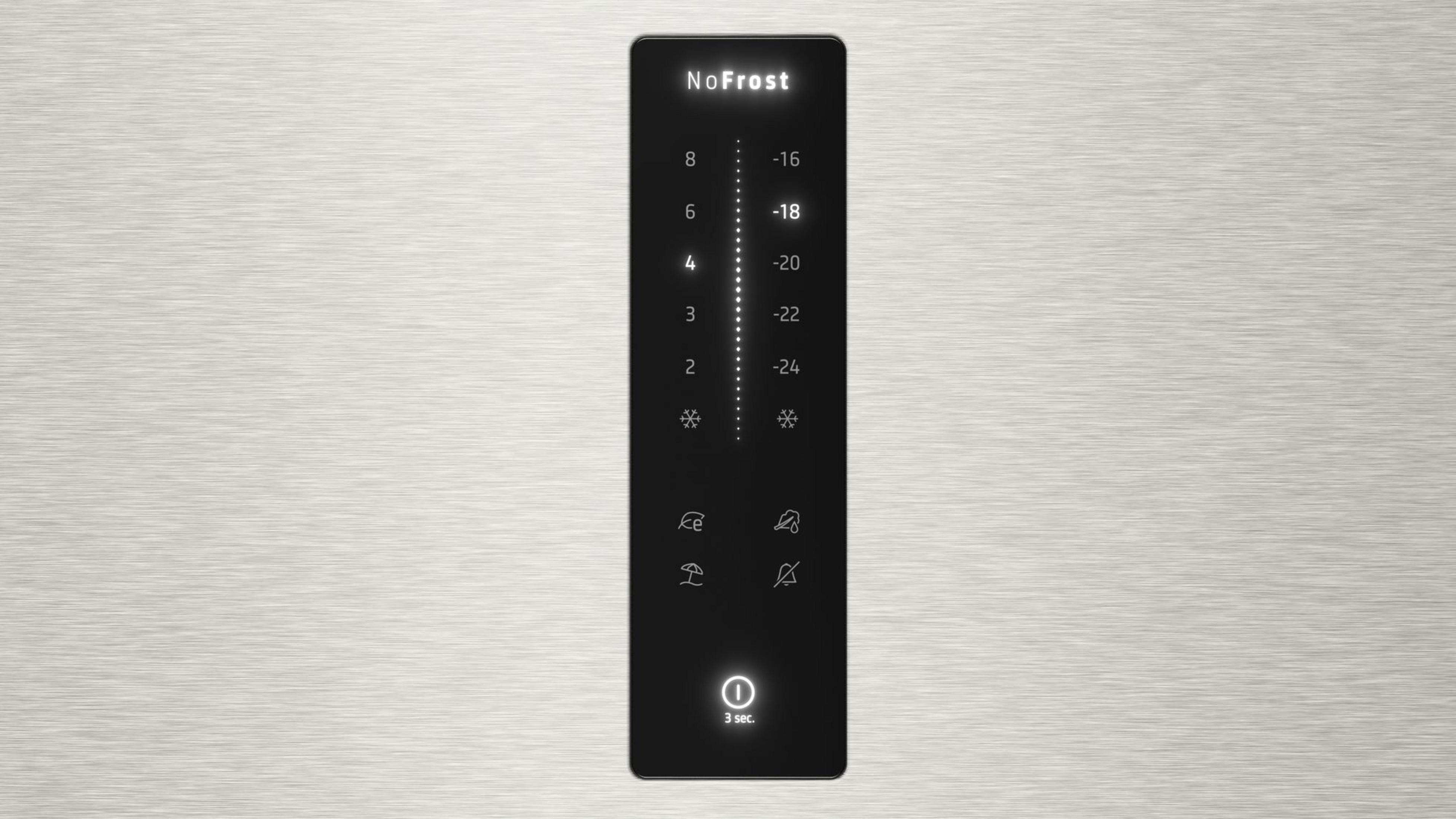 Panel de control negro con pantalla digital que muestra la configuración de temperatura y símbolos de nevera.
