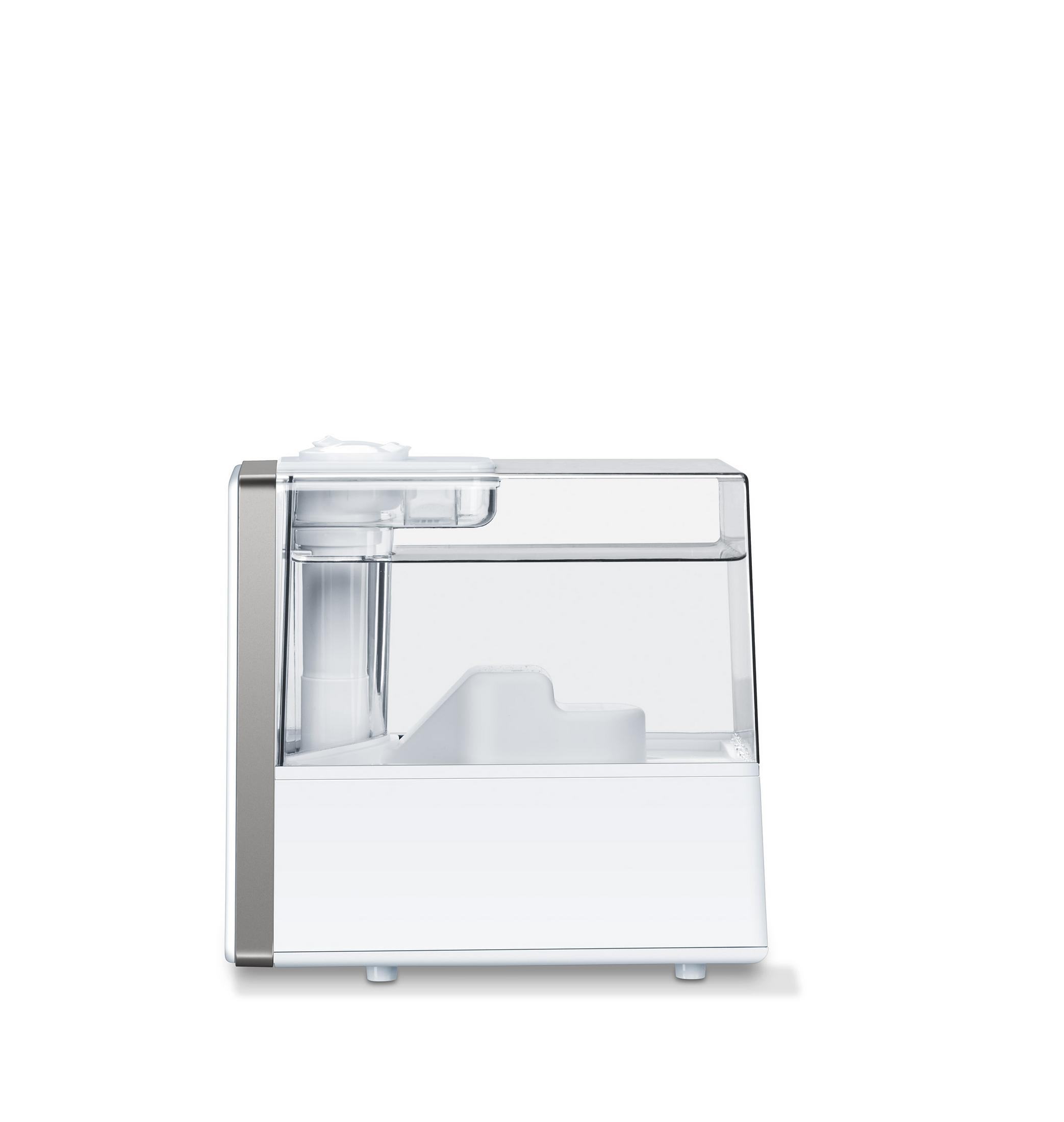 Umidificatore bianco con serbatoio dell'acqua trasparente. È su sfondo bianco.