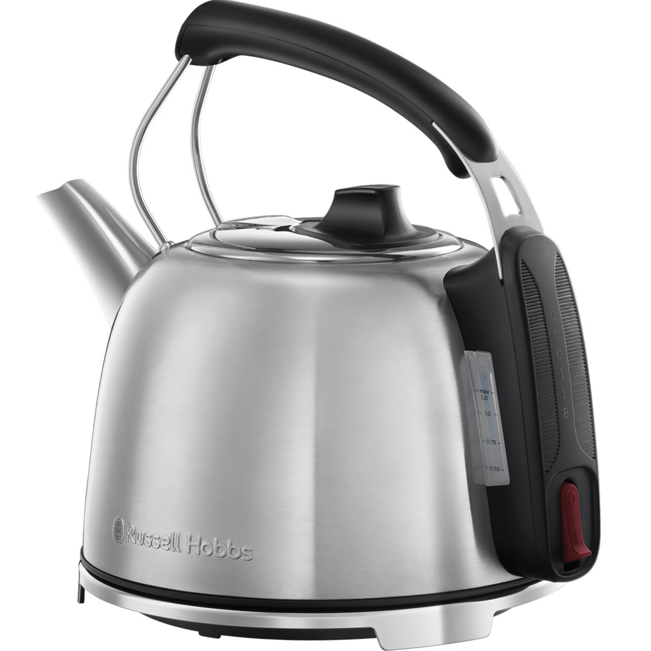 Ein Edelstahlkessel mit schwarzem Griff und Wasserstandsanzeige. Das Russell Hobbs-Logo ist sichtbar.