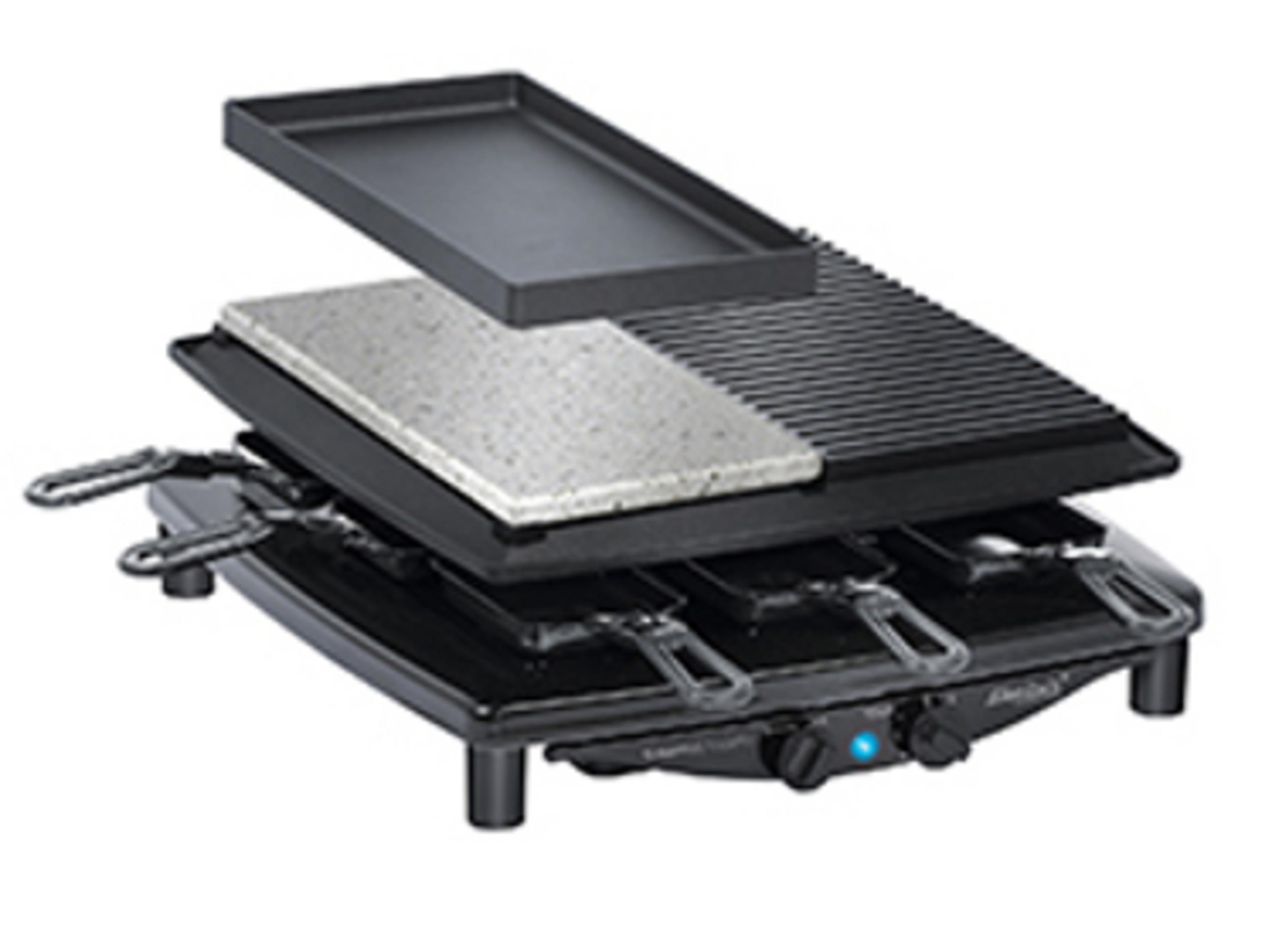 Raclette-Grill mit Stein- und Grillflächen, Komponenten getrennt, schwarz.