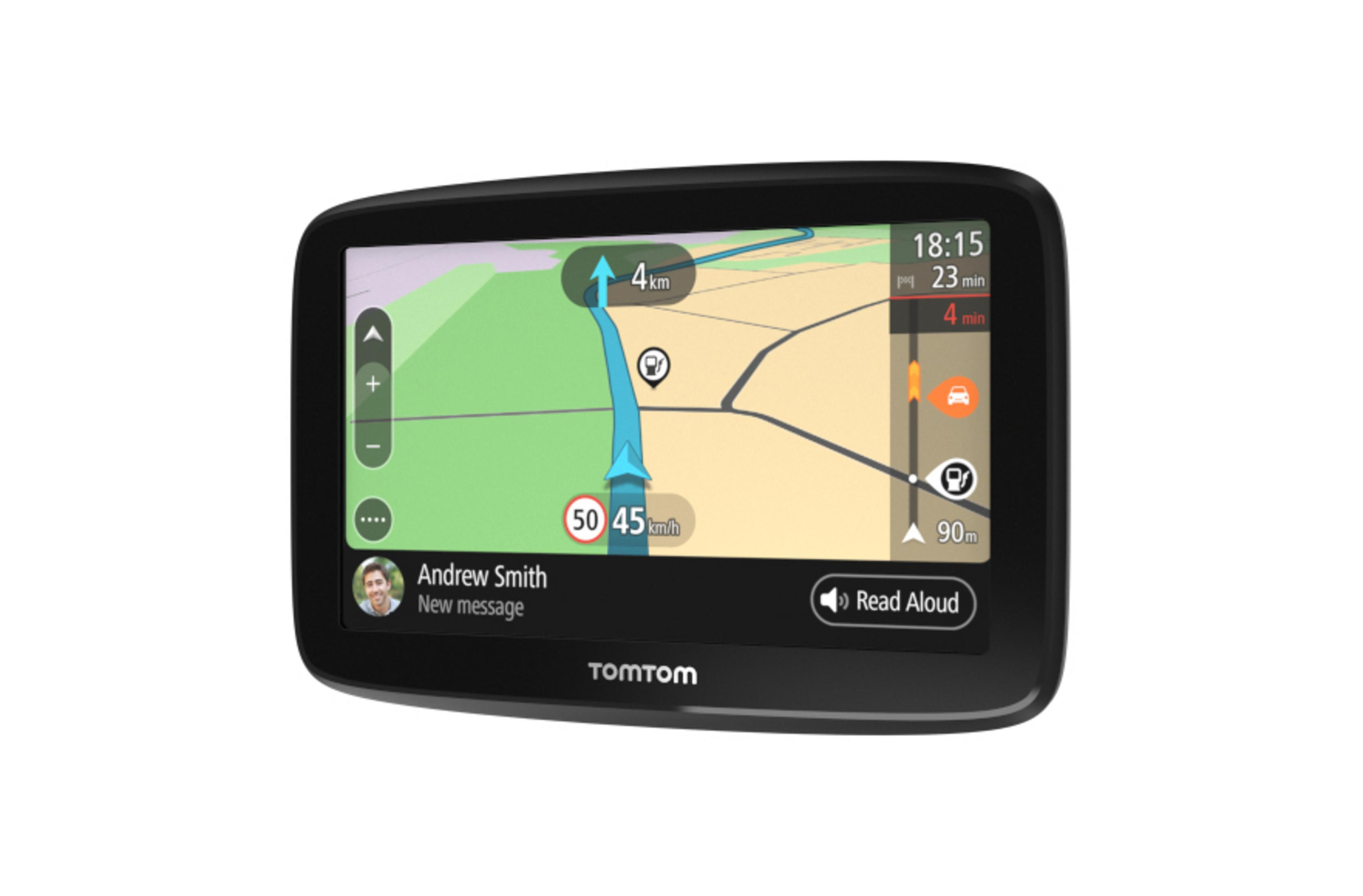 Urządzenie GPS TomTom na białym tle. Pokazuje mapę i szczegóły nawigacji. Czarna ramka.