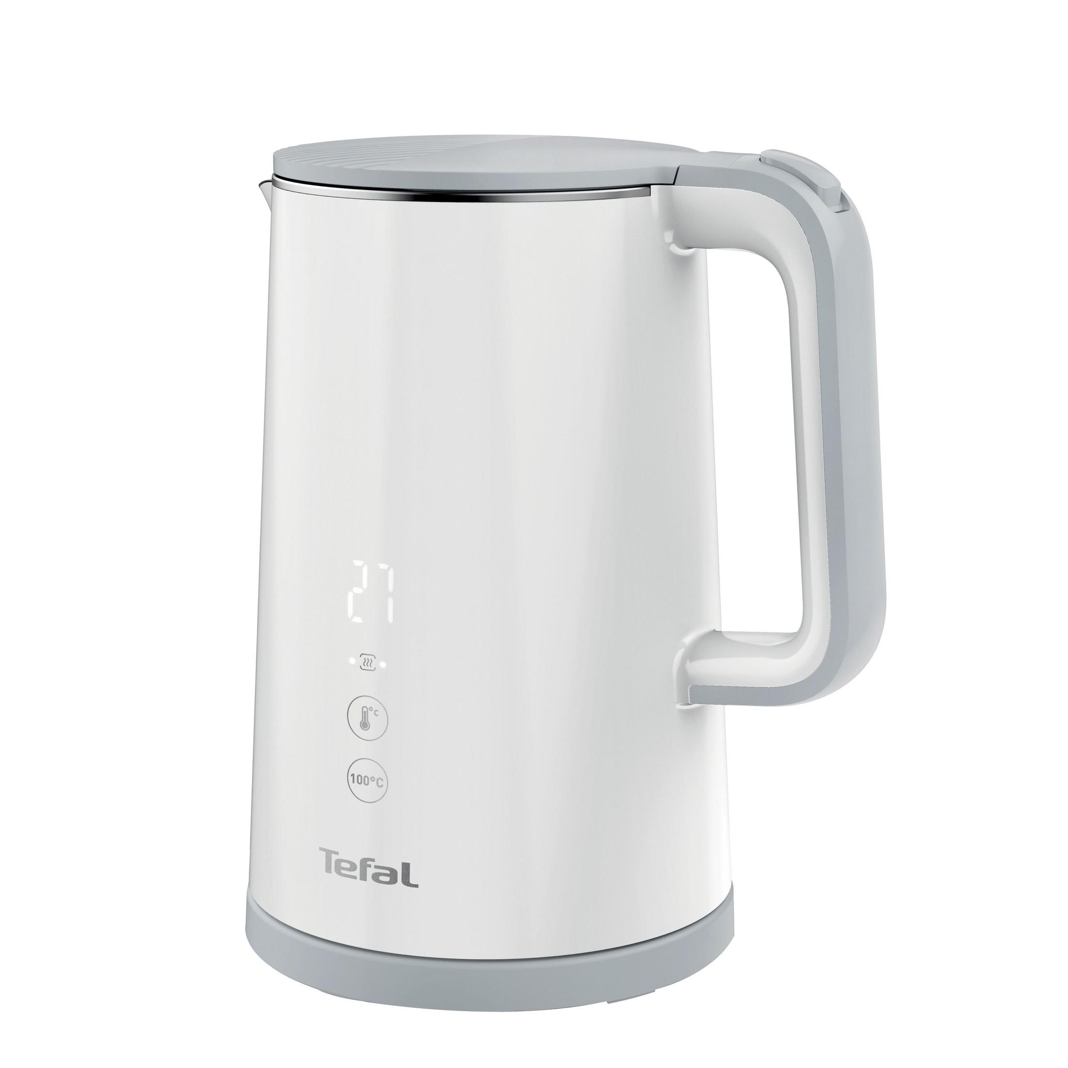 Biało-szary czajnik elektryczny z wyświetlaczem cyfrowym i przyciskami. Ma uchwyt.