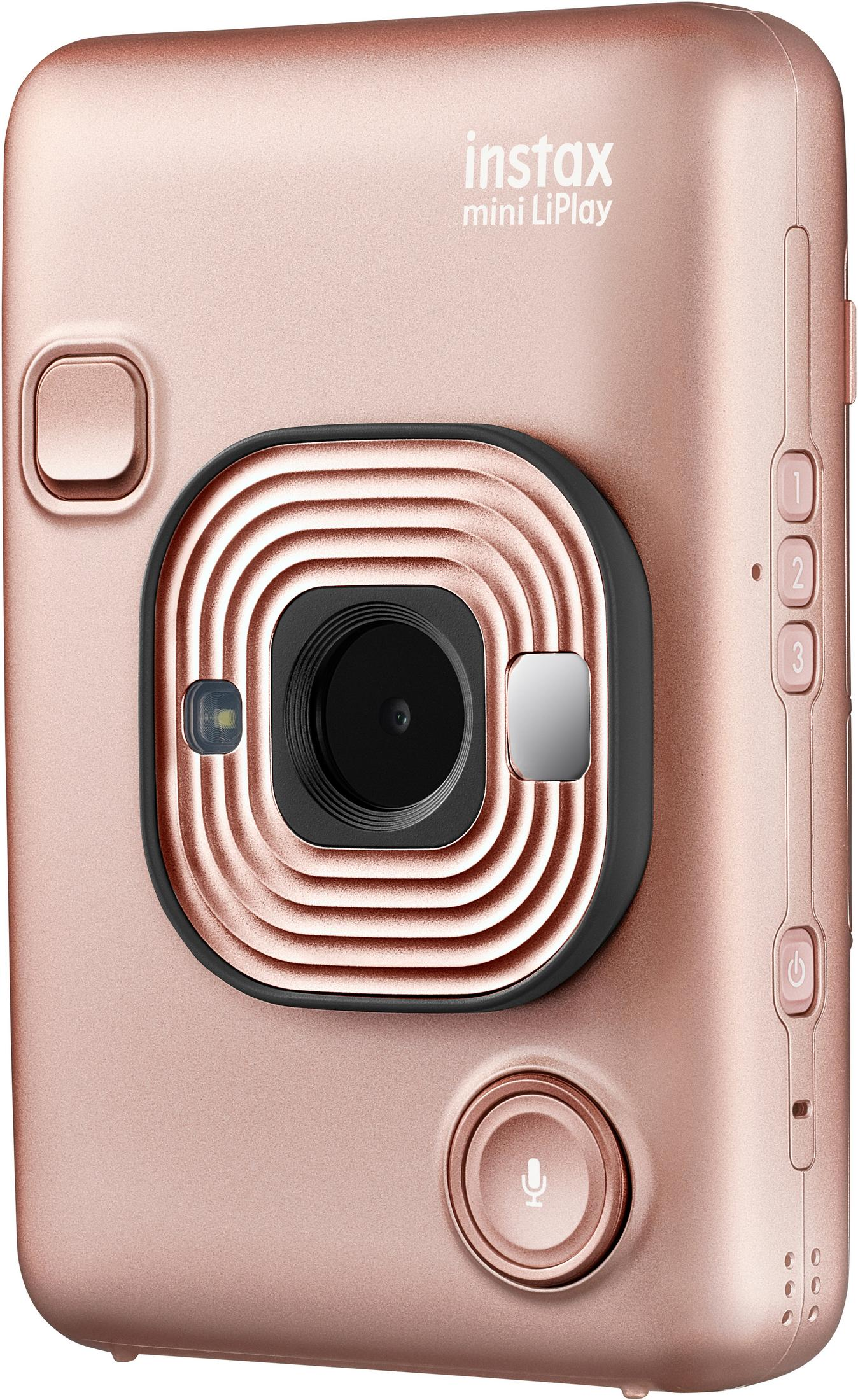 Cámara Instax Mini LiPlay oro rosa con lente y botones visibles.