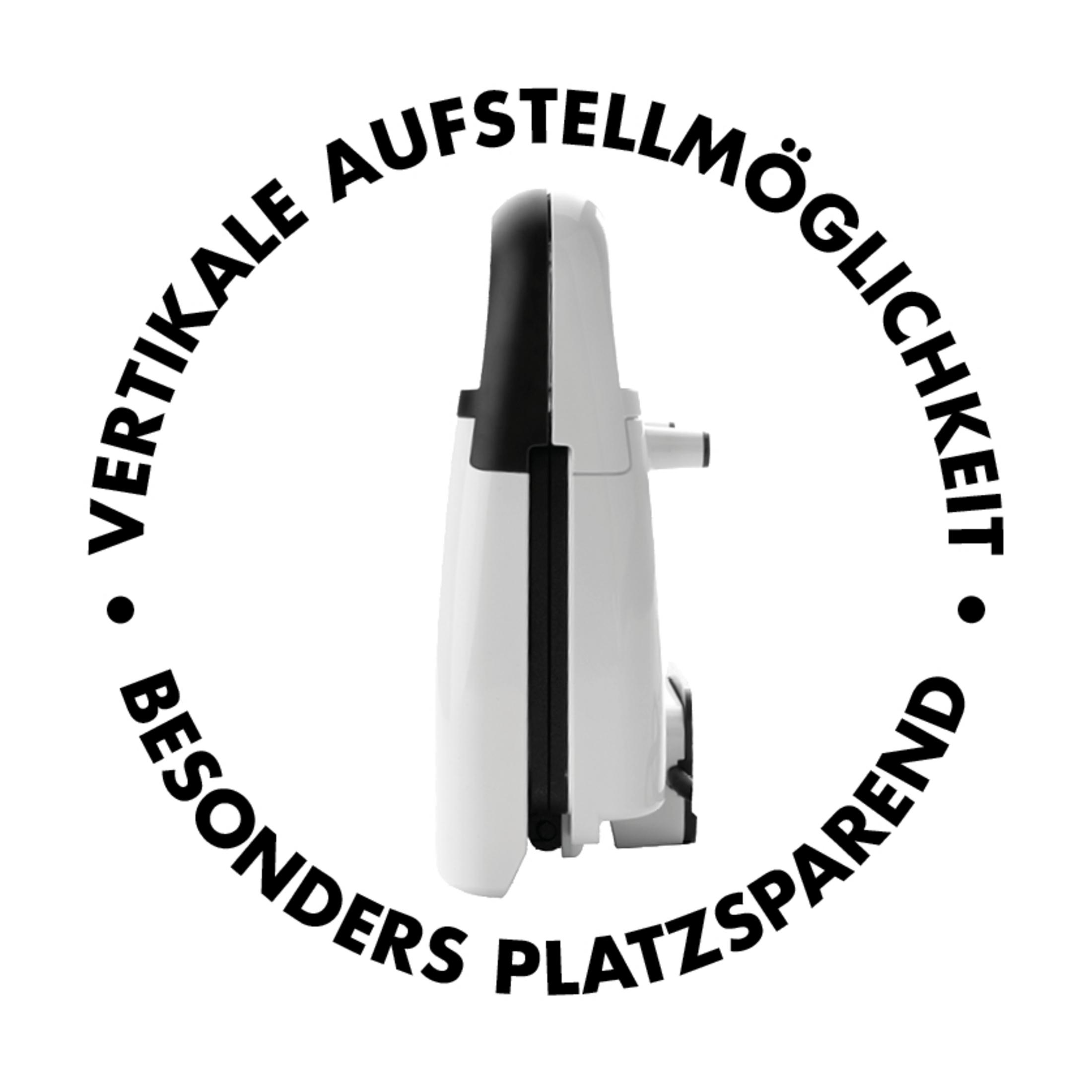 Ein weißer Waffeleisen, von der Seite gesehen, mit Text im Kreis: vertikale Aufstellmöglichkeit, platzsparend.
