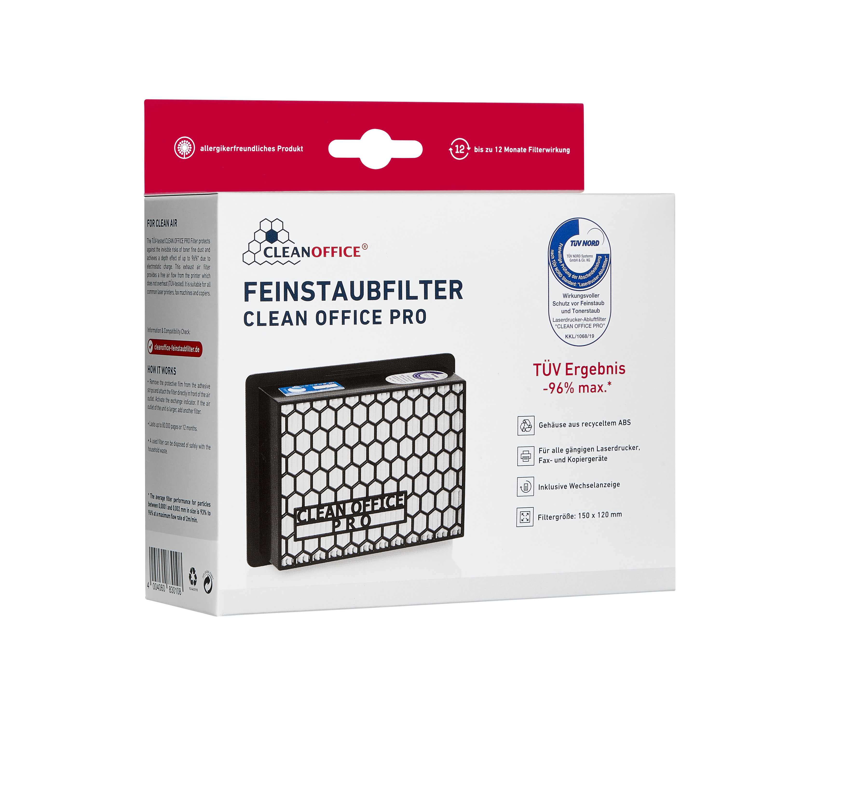 Weißer und schwarzer Luftfilter in einer Box, mit Text.