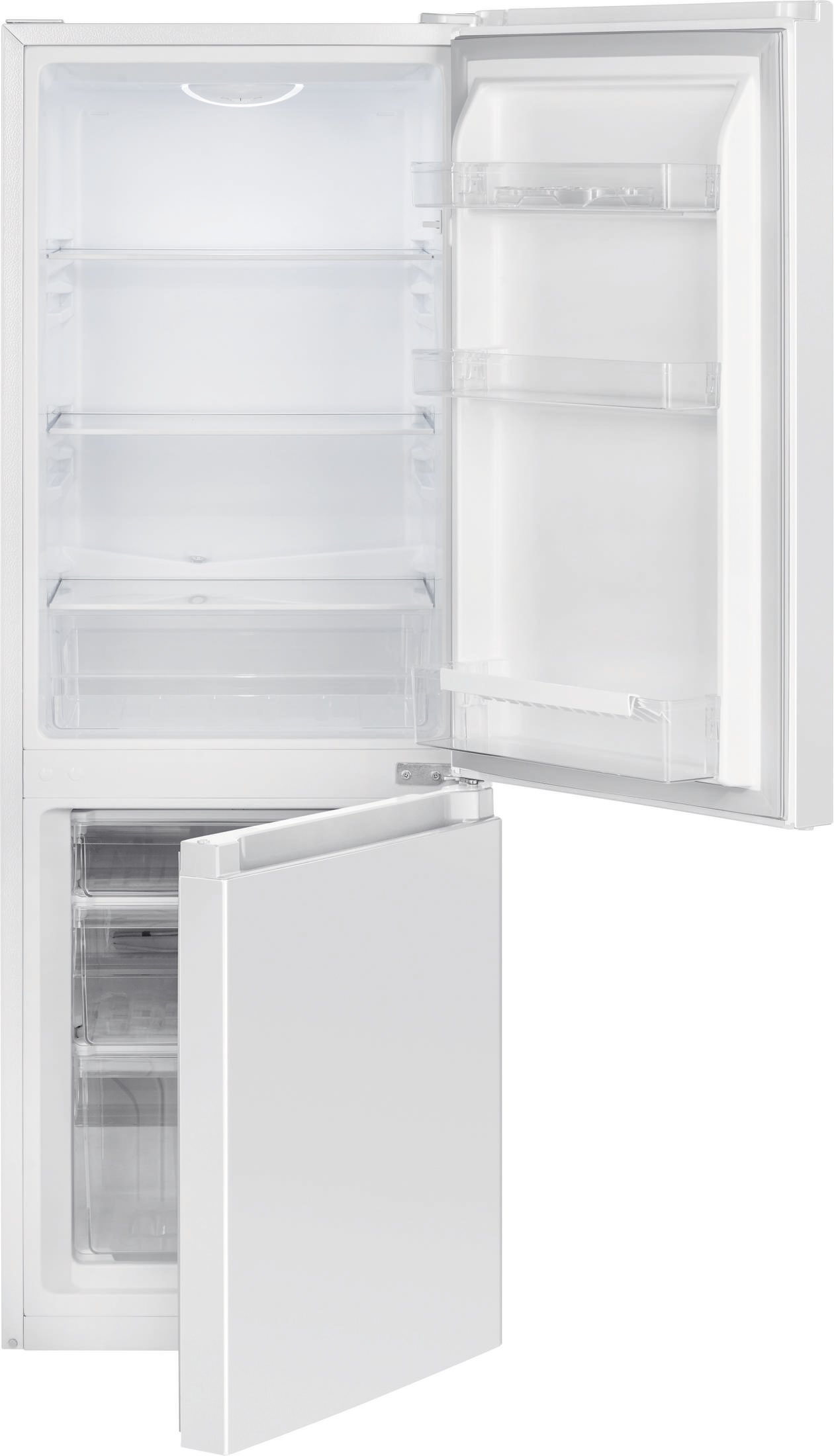 Biała lodówka, otwarta, pokazująca półki, szuflady i oświetlenie wewnętrzne.