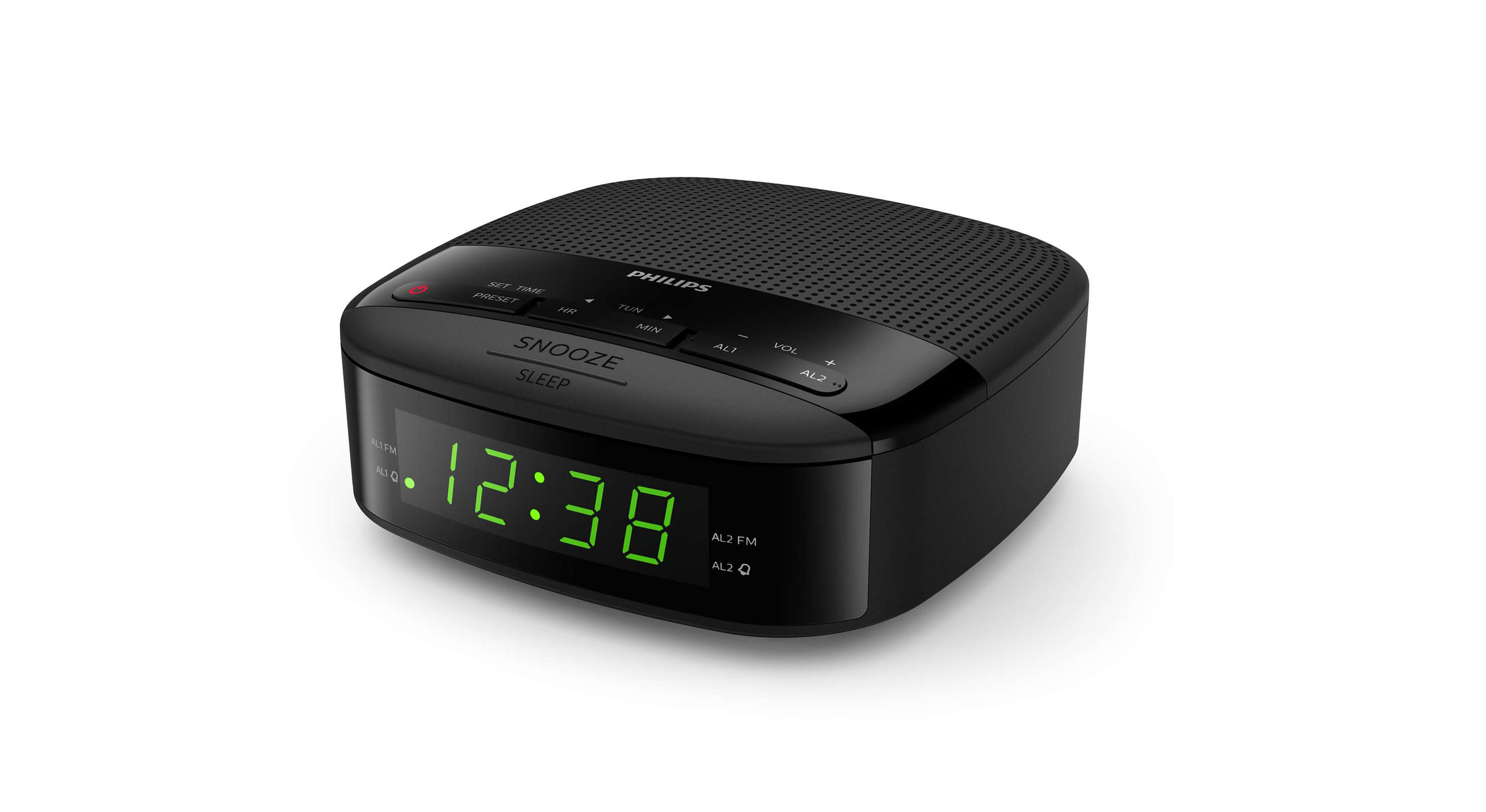 Despertador Philips negro. Pantalla digital verde. Botones de repetición y dormir. Fondo blanco.
