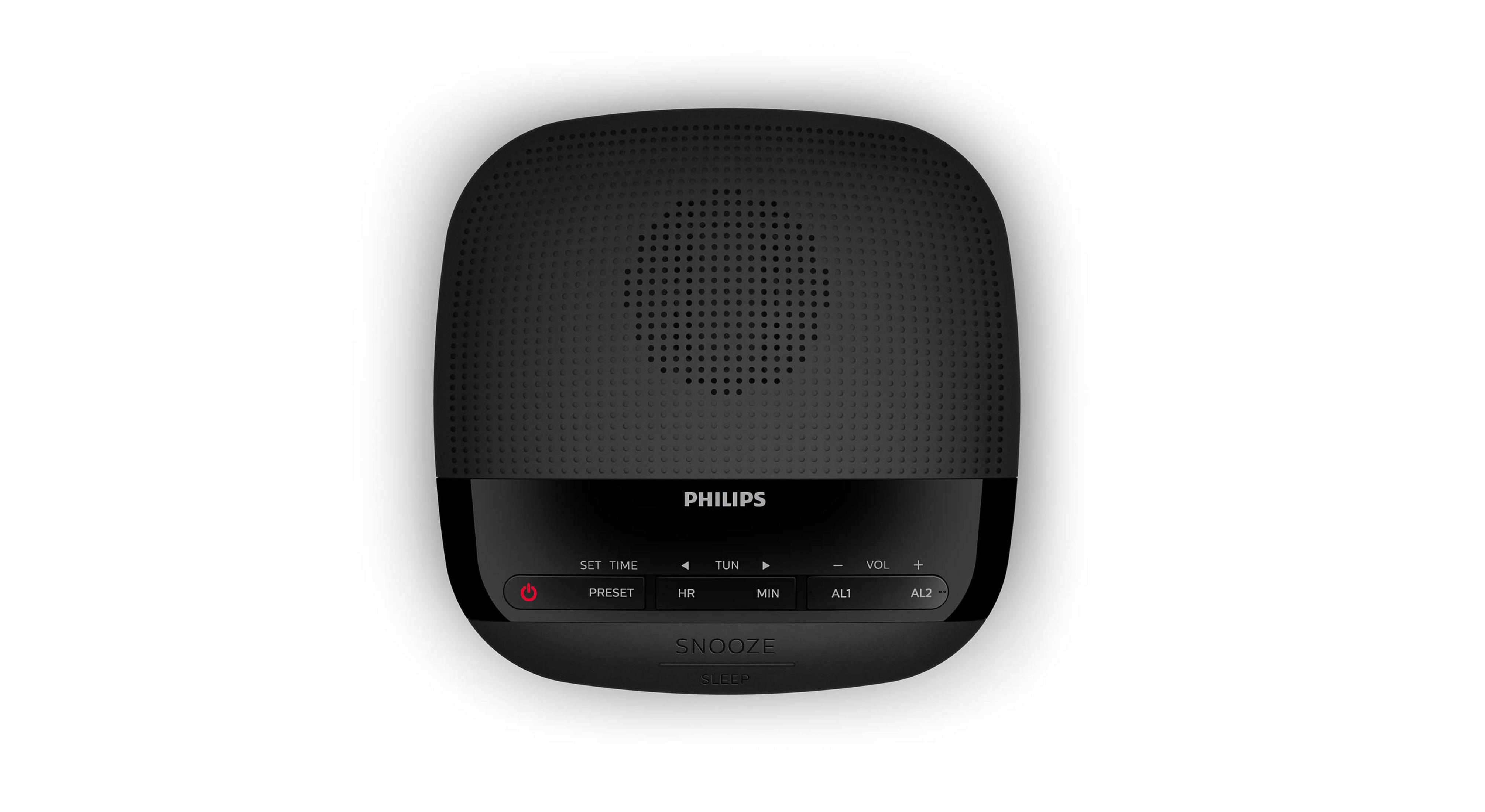 Un radio reloj Philips negro con botones y una pantalla digital, aislado sobre blanco.
