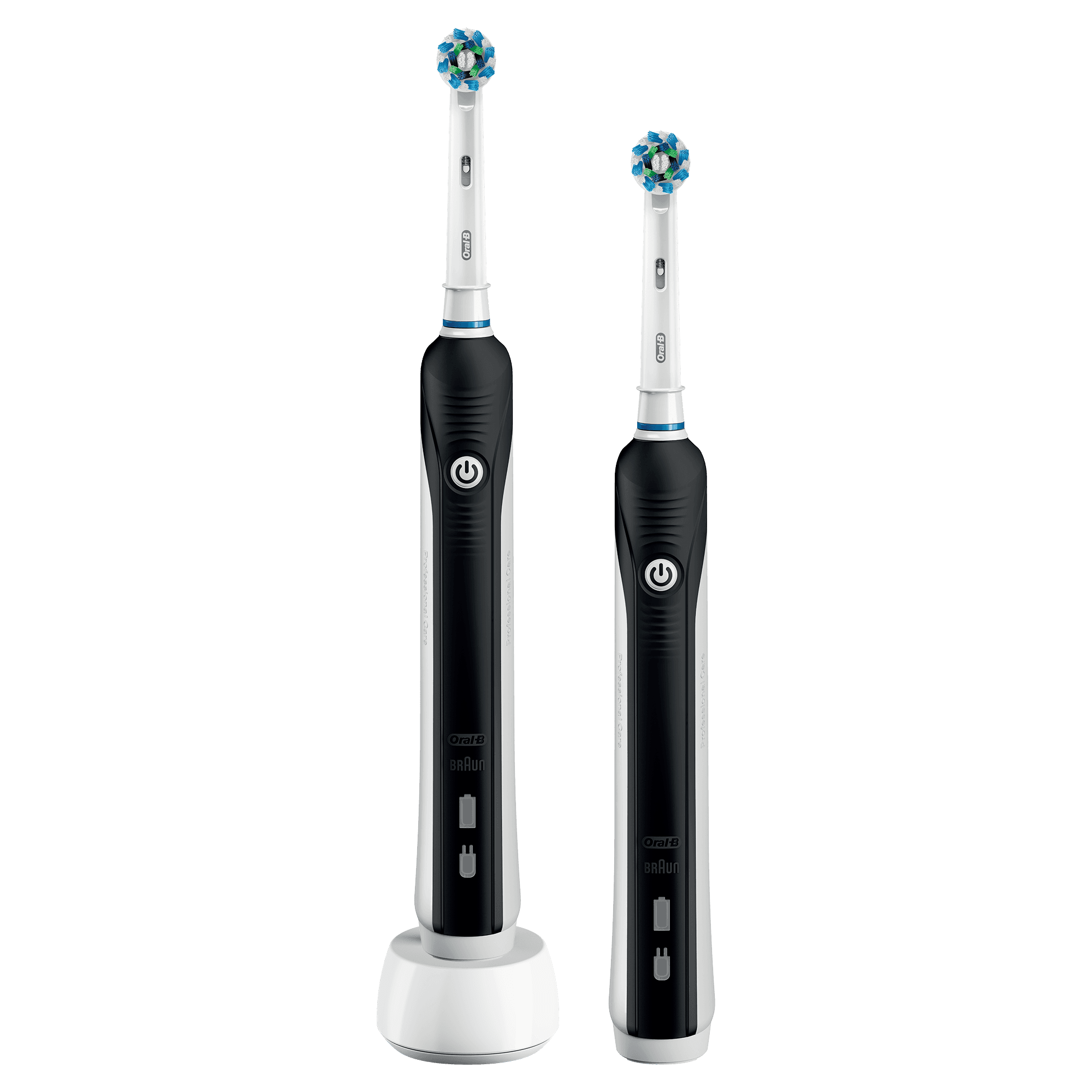 Dos cepillos de dientes eléctricos negros y una base de carga blanca. Los cepillos son Oral-B.