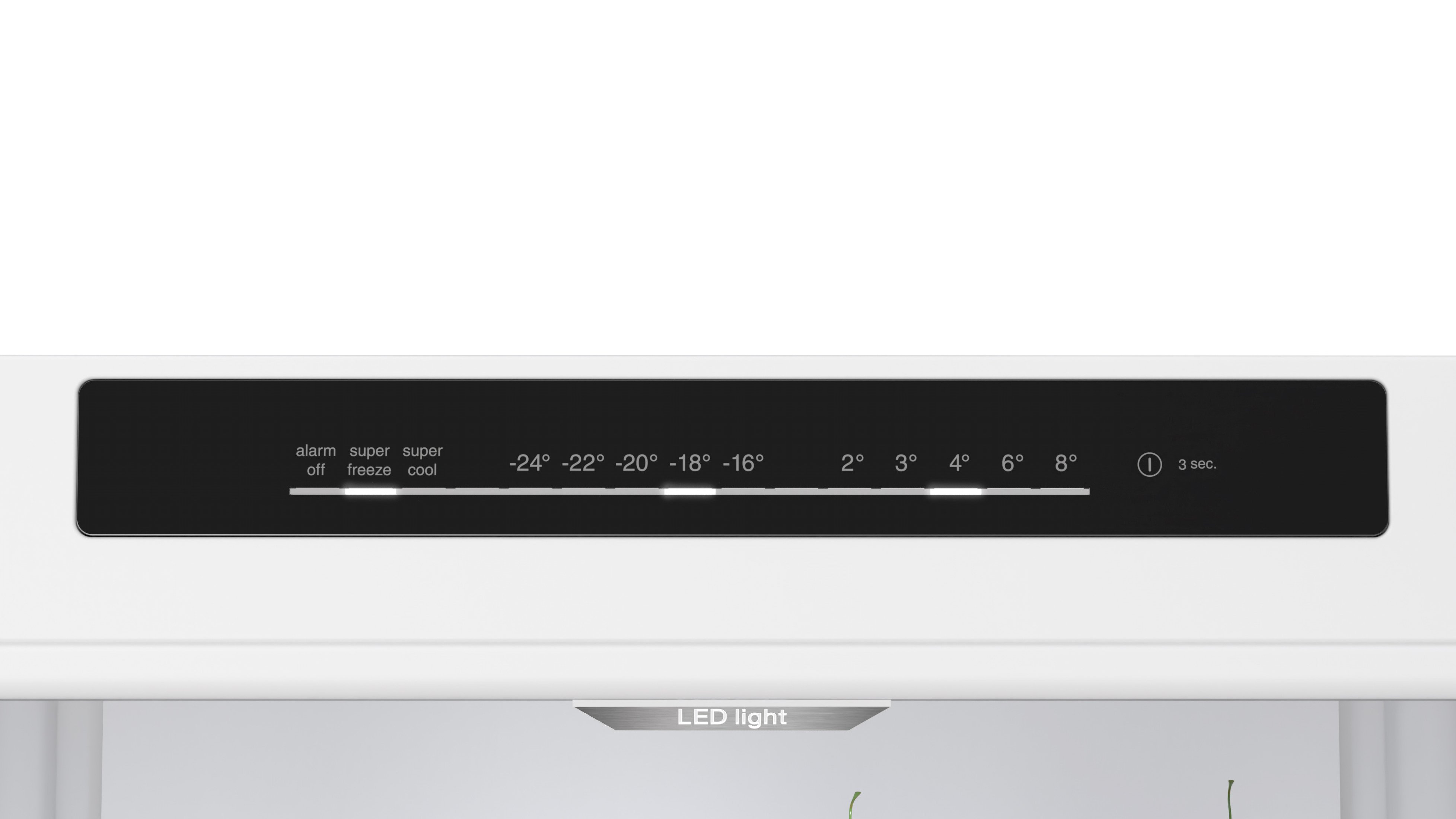 Biały panel sterowania lodówki. Wyświetla ustawienia temperatury od super zamrażania do 8 stopni Celsjusza.