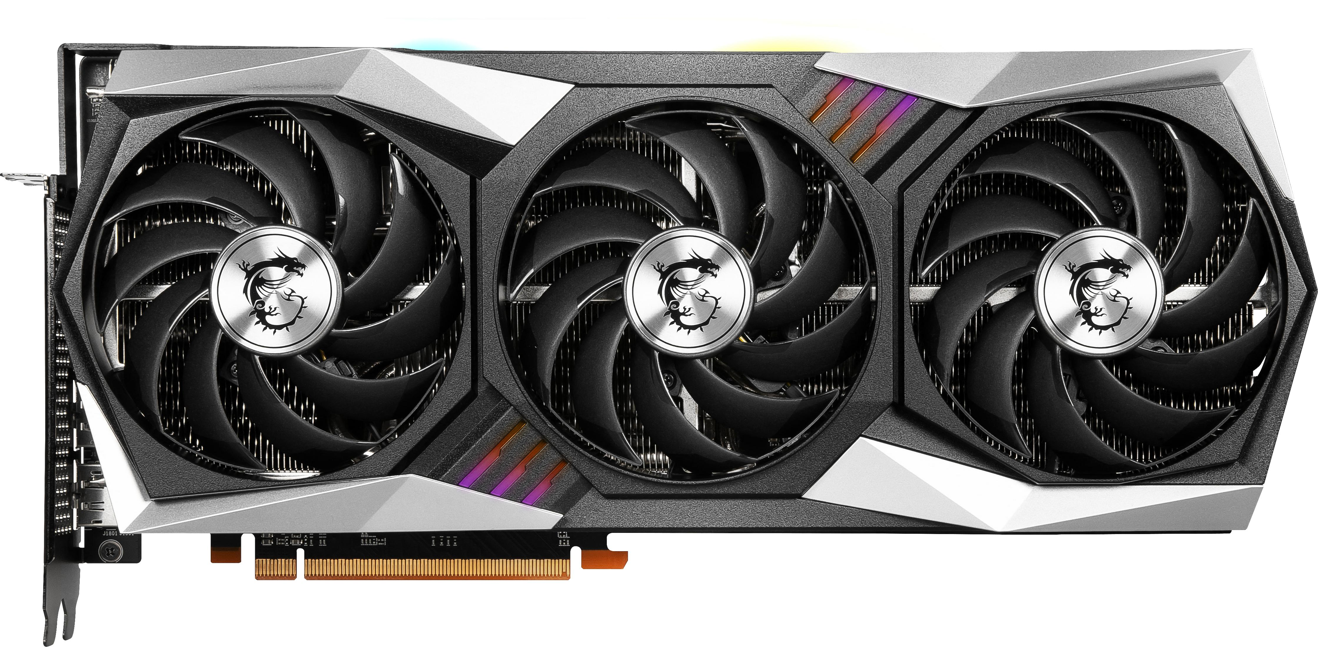 Scheda grafica MSI con tre ventole. Design argento e nero. La scheda ha una staffa metallica a sinistra.