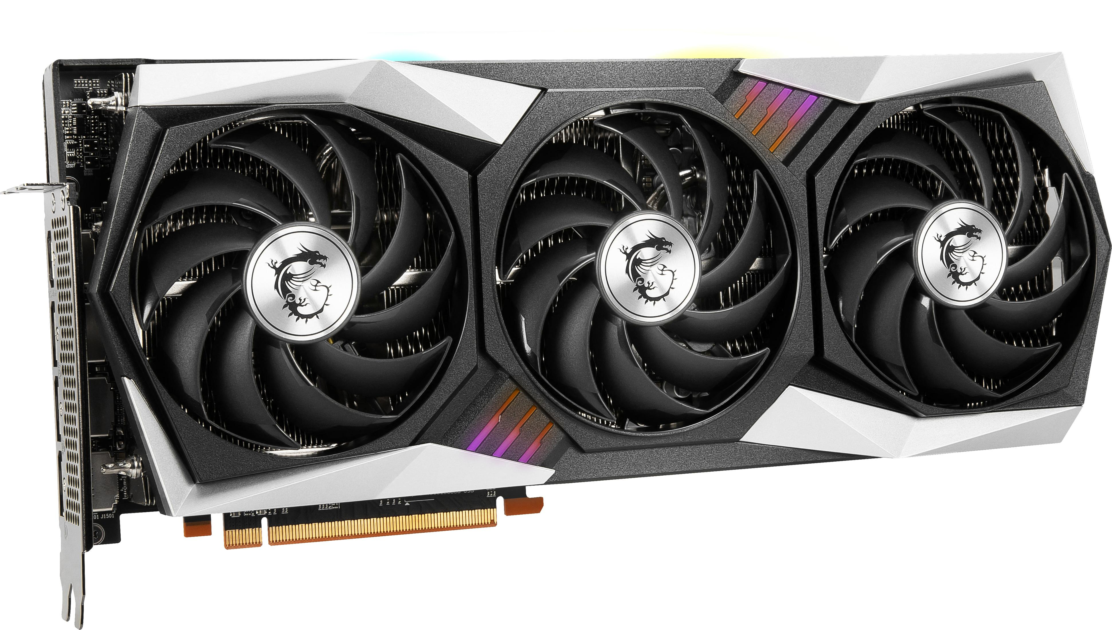 Una scheda grafica con tre ventole, design nero e argento e il logo MSI. Sfondo bianco.