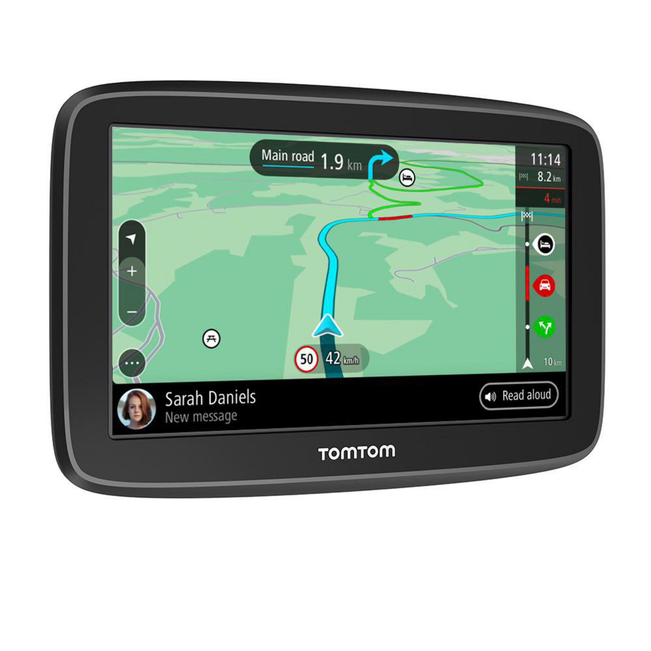 GPS-Gerät, das eine Karte mit einer Route anzeigt. Zeigt Anweisungen und Geschwindigkeit an.