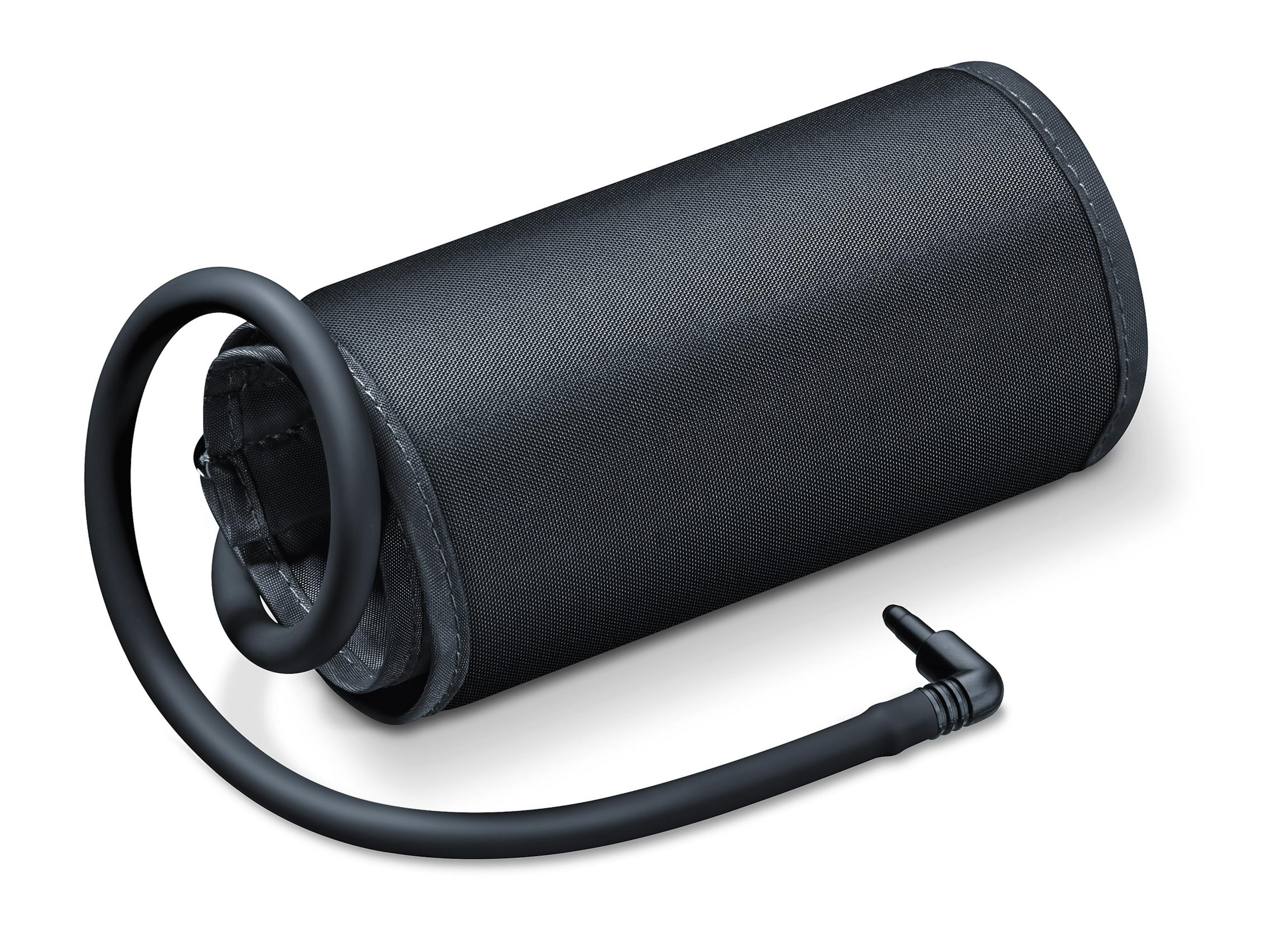 Brazalete negro para la presión arterial. Con tubo adjunto, sobre superficie blanca.