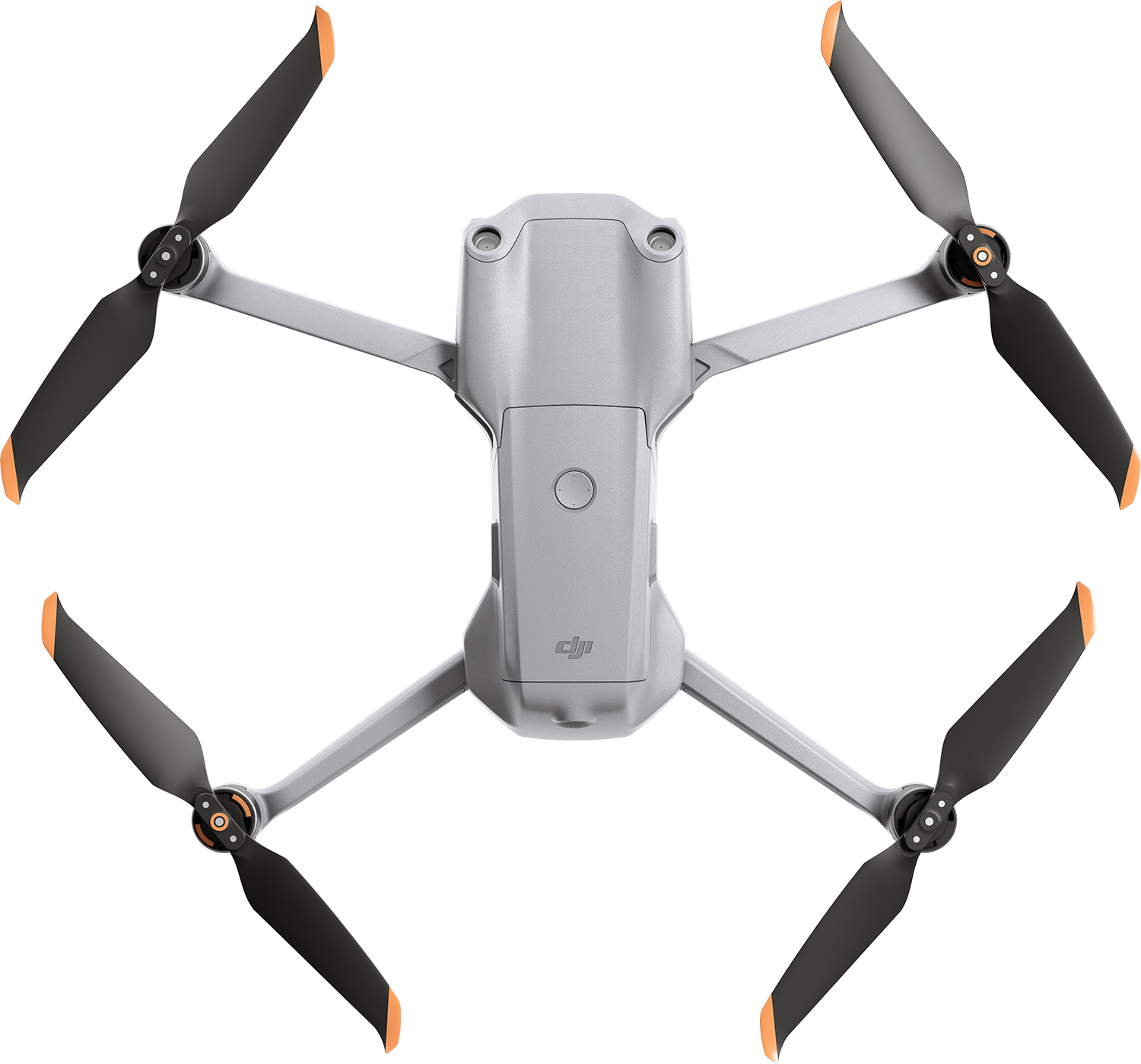Un dron gris con cuatro hélices negras, puntas naranjas. Logotipo de DJI en el cuerpo del dron.