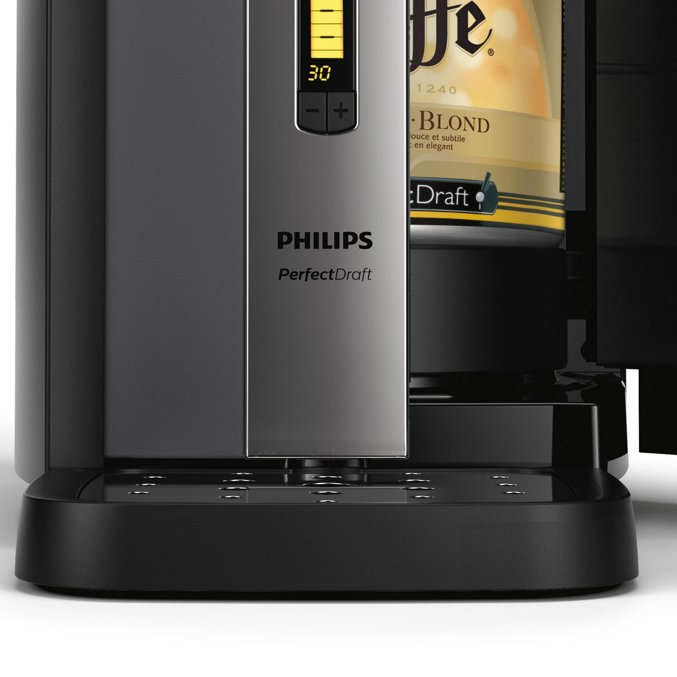Erogatore di birra Philips PerfectDraft nero con lattina di birra all'interno. Display.