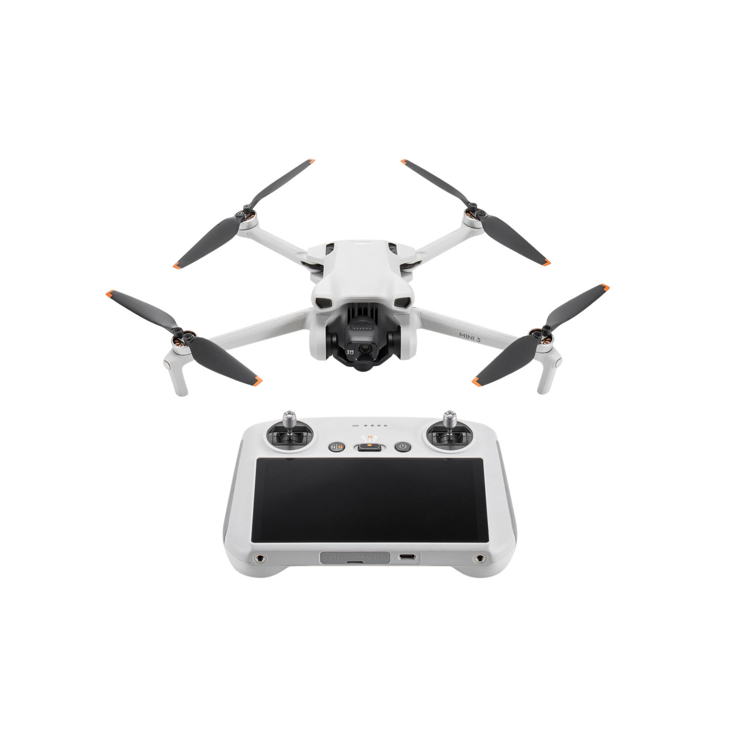 Biały dron i kontroler na czarnym tle. Dron ma czarne śmigła, pomarańczowe końcówki.