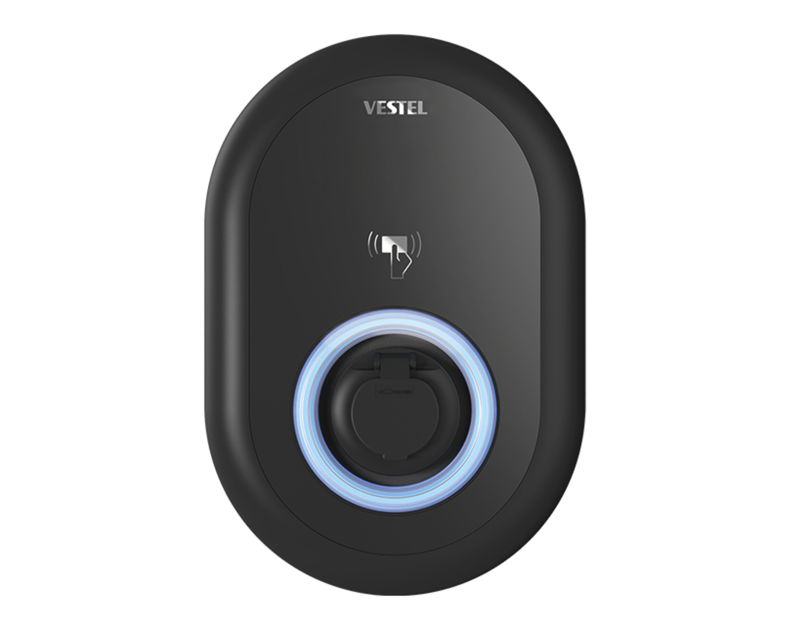 Schwarzes Vestel EV-Ladegerät mit Ladeanschluss und blauem Lichtring, an der Wand montiert.