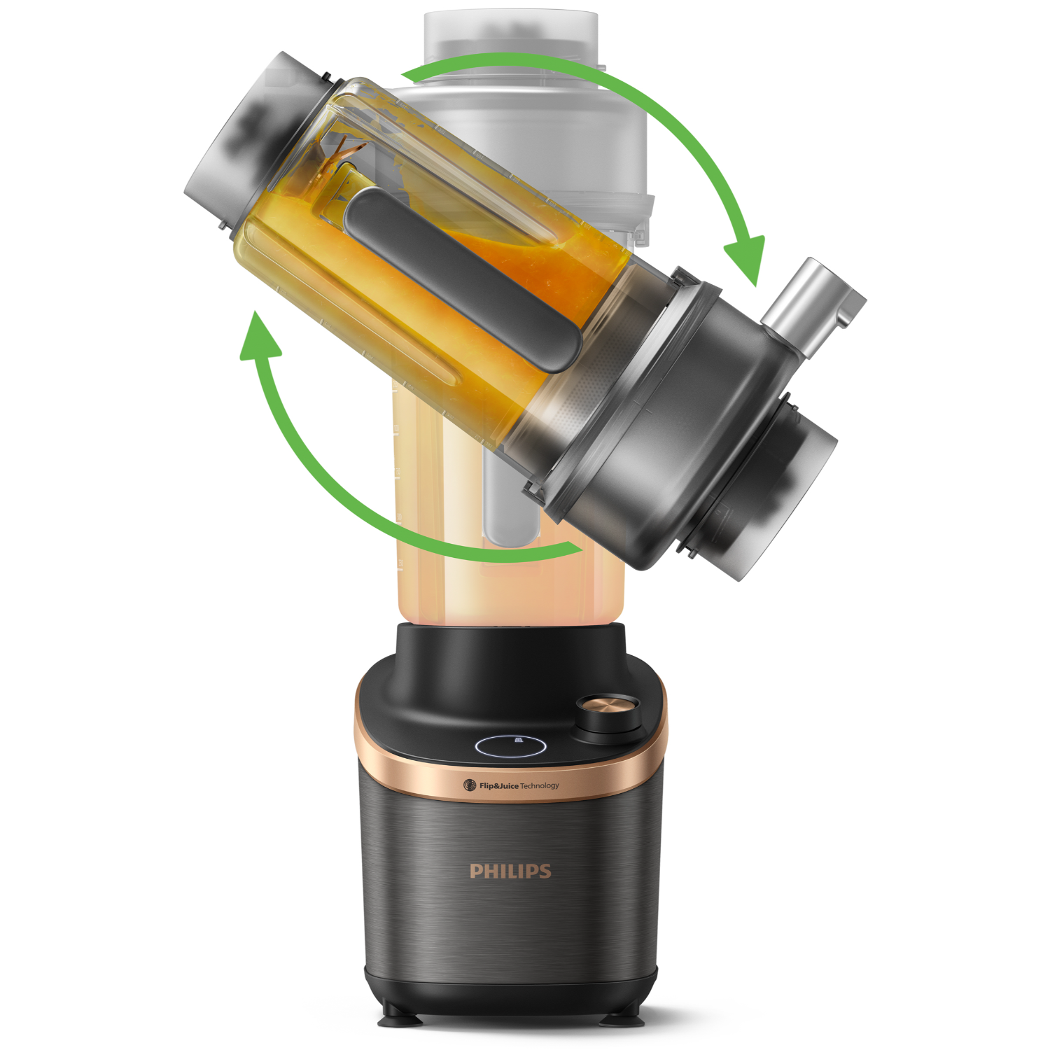 Blender ze słoikiem zawierającym pomarańczowy płyn, z strzałkami dookoła.