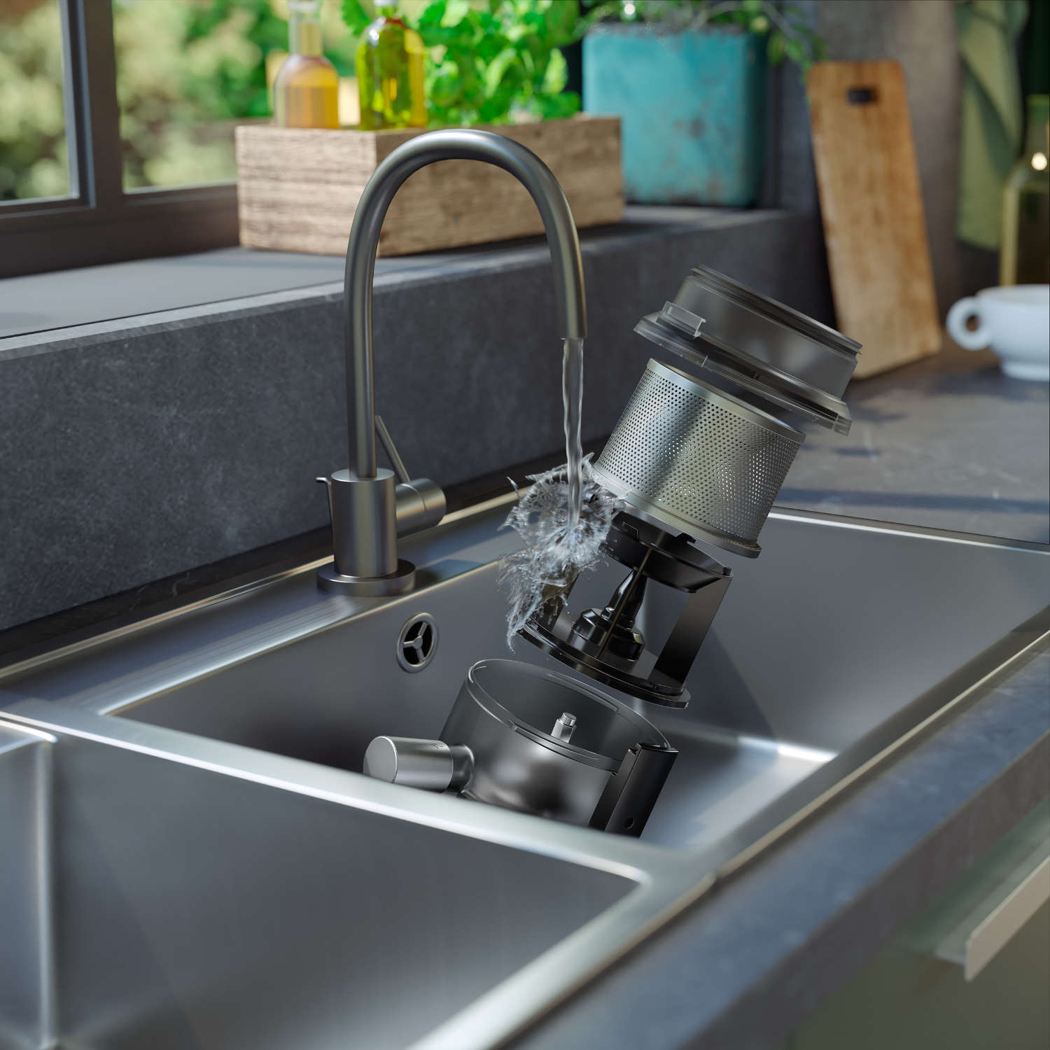 Zlew kuchenny z kranem dozującym wodę, z częściami zdemontowanego urządzenia.