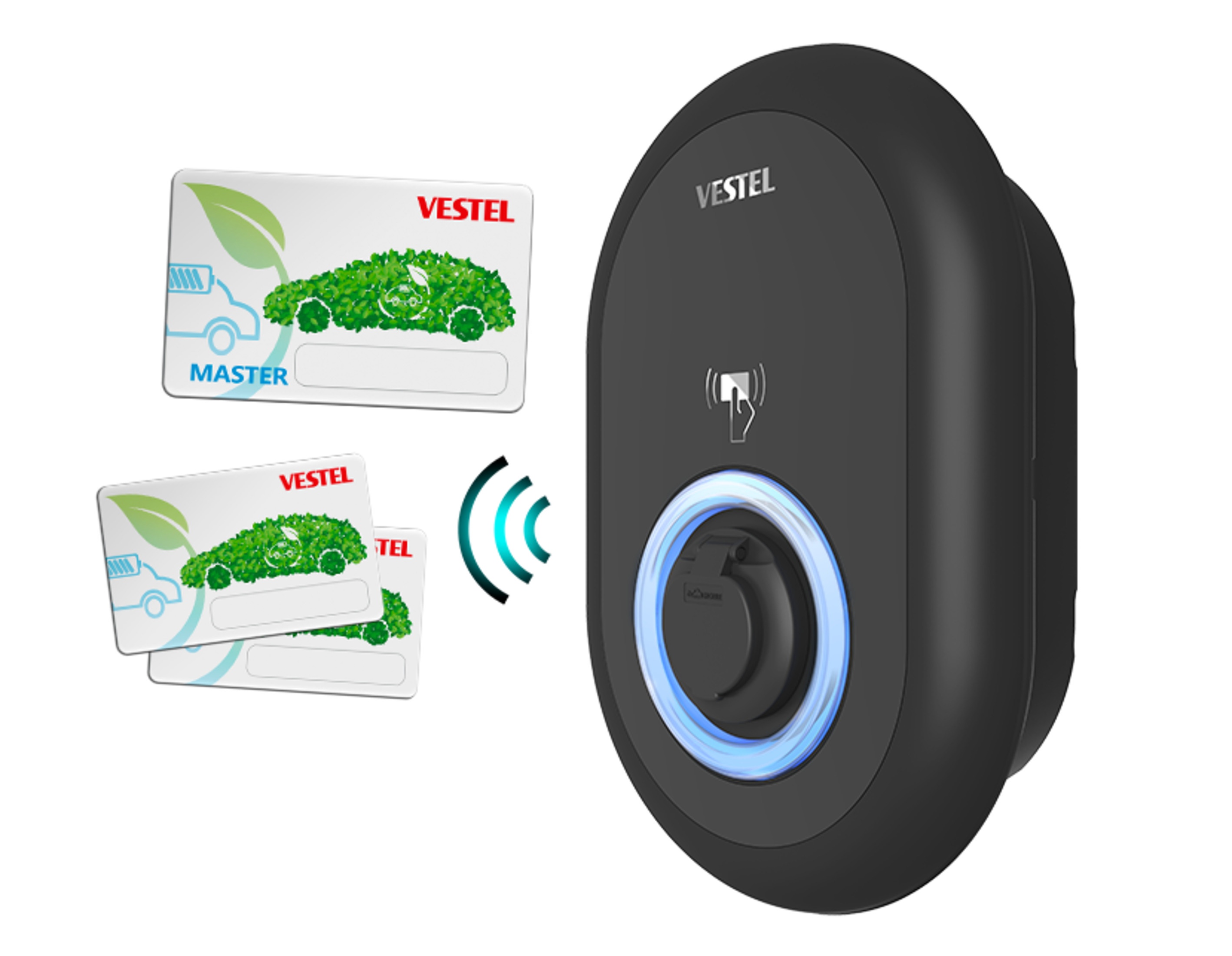 Black Vestel charger with cards. Two cards show a car made of leaves.