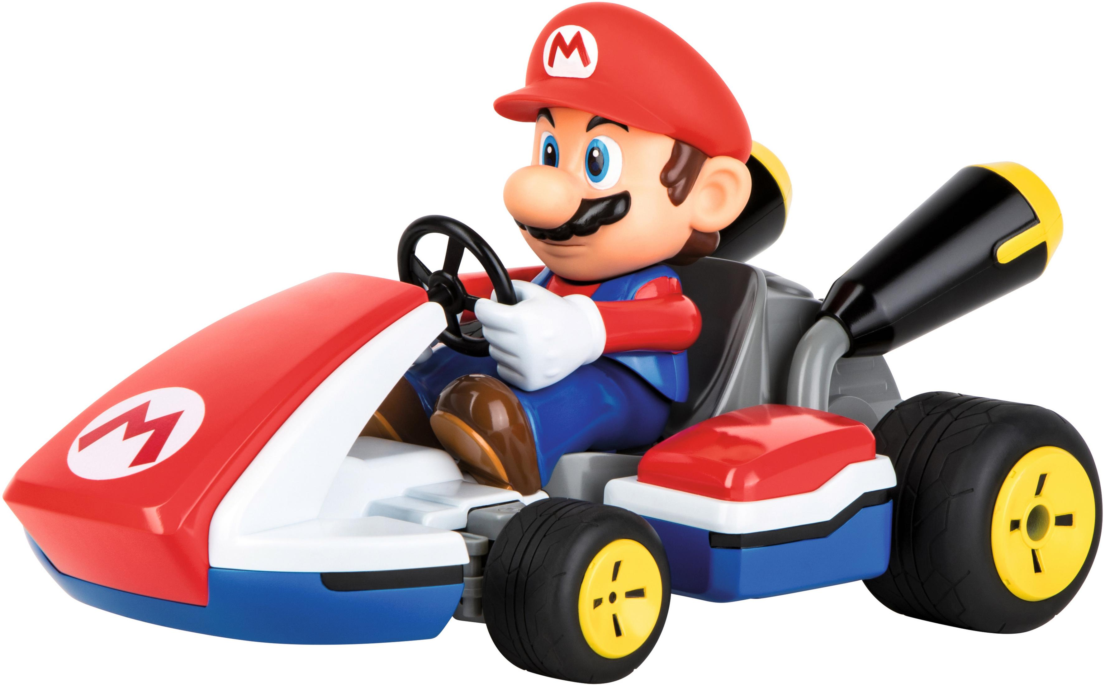 Mario in einem roten Kart. Er trägt eine rote Kappe und eine Latzhose.