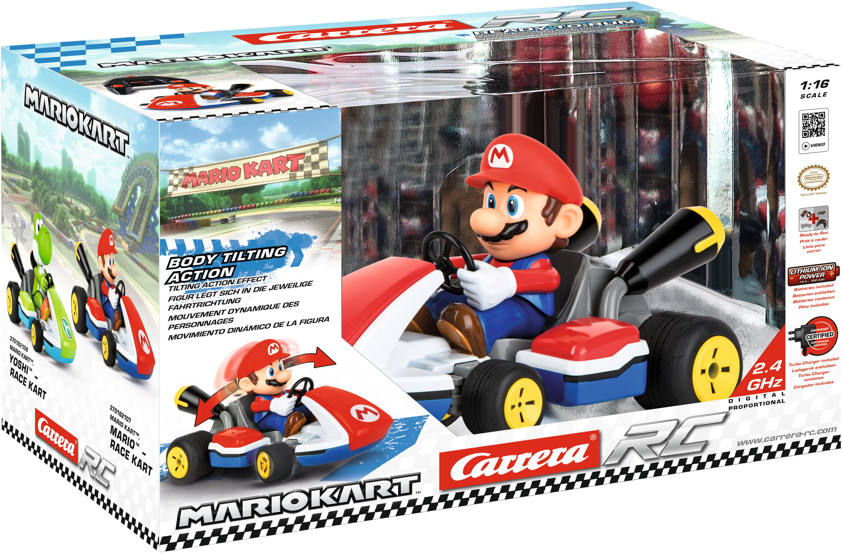 Mario Kart RC-Auto in einer Box mit Mario-Figur im Kart.