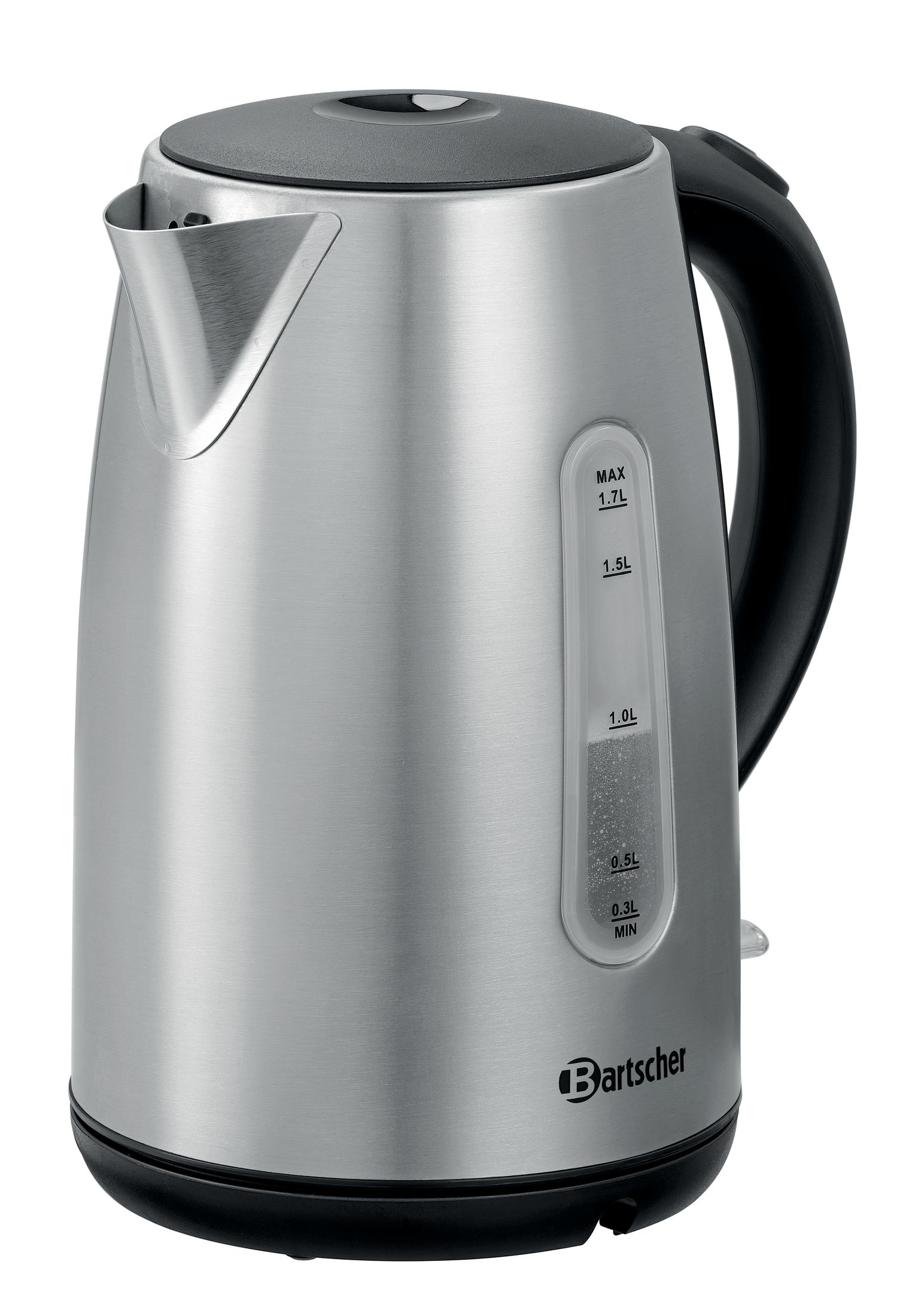 Bollitore elettrico in acciaio inossidabile con manico e base neri. Indicatore del livello dell'acqua visibile.