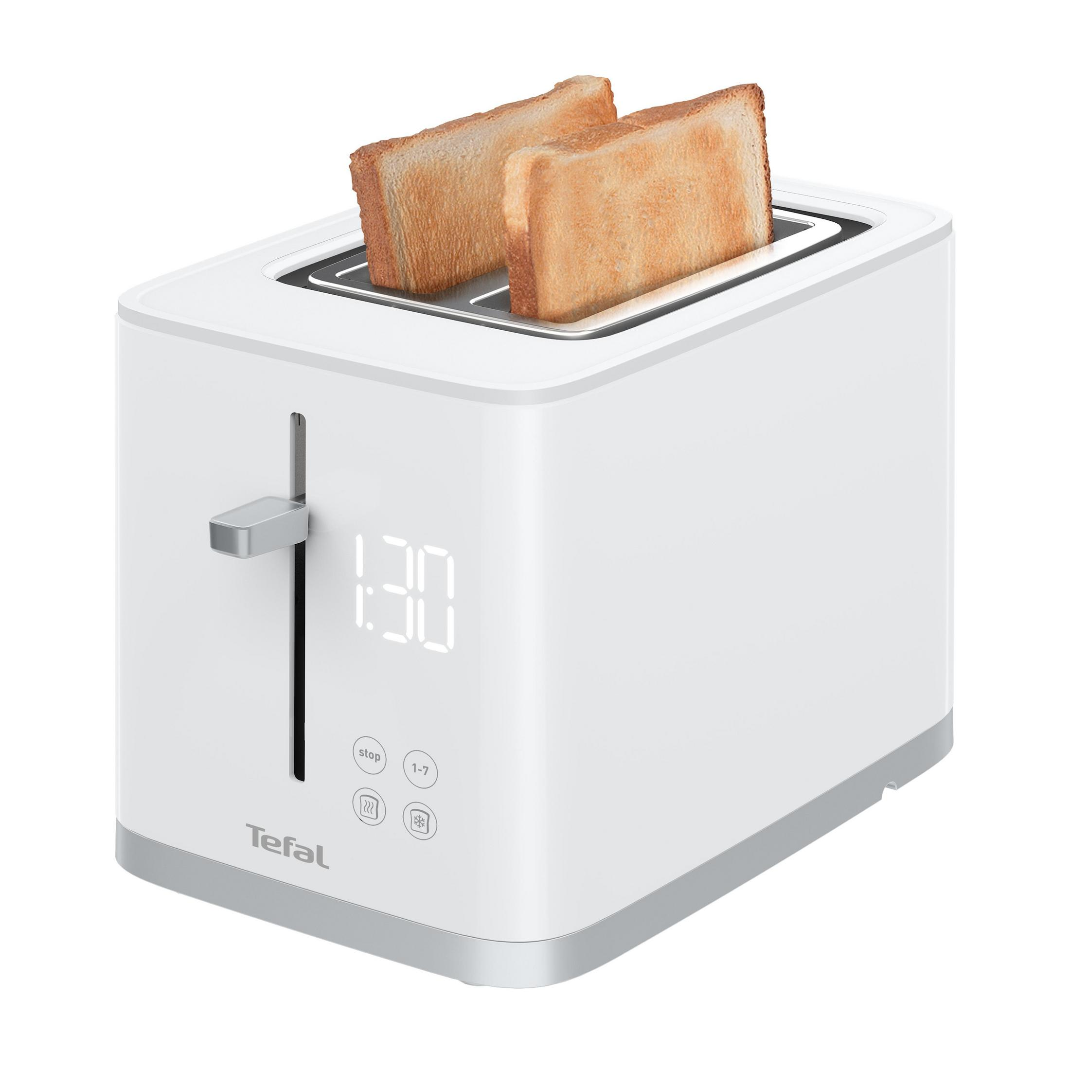 Weißer Tefal-Toaster. Zwei Toastscheiben, Digitalanzeige und silberner Hebel. Weißer Hintergrund.