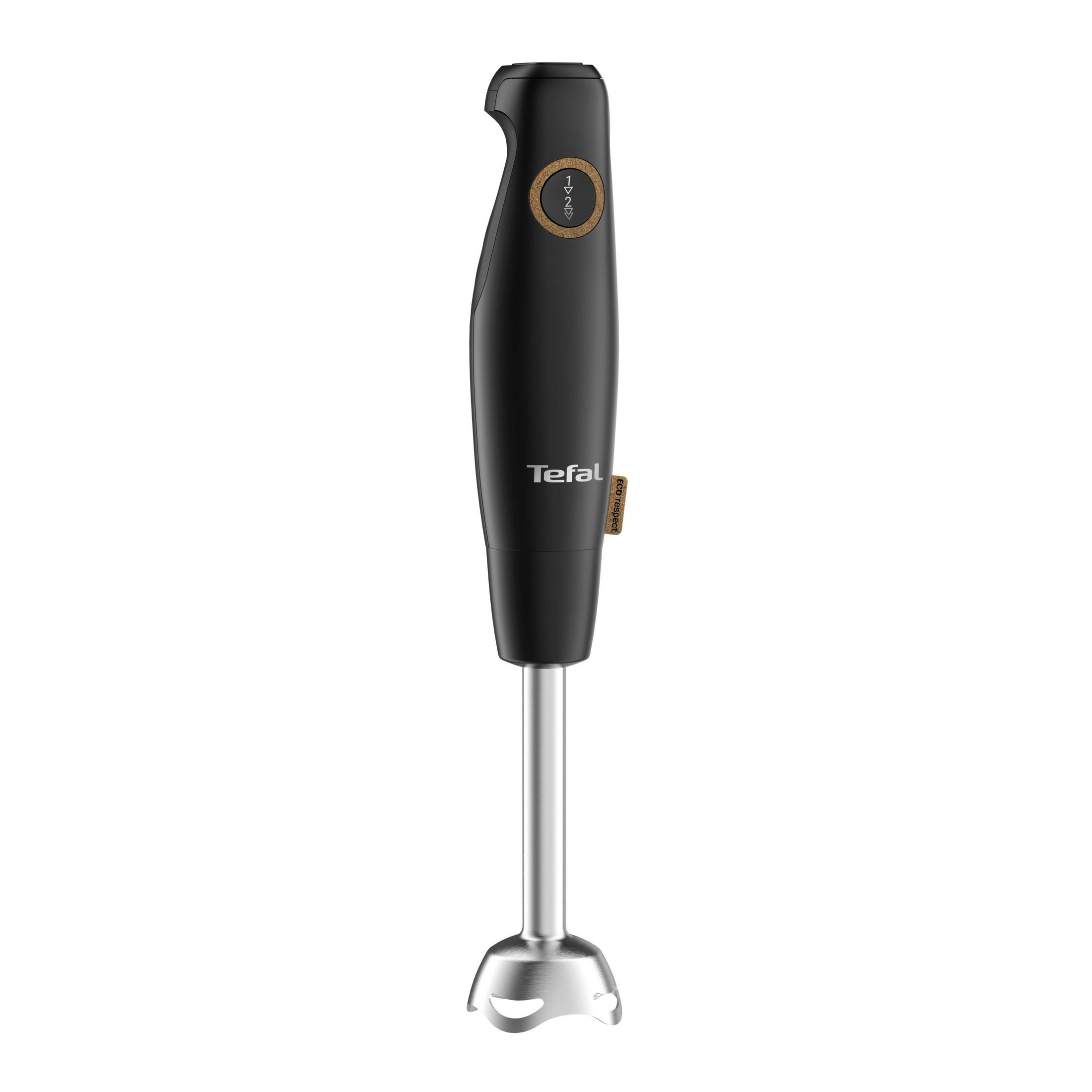 Frullatore a immersione Tefal nero con parte di miscelazione argentata e pulsante effetto legno.