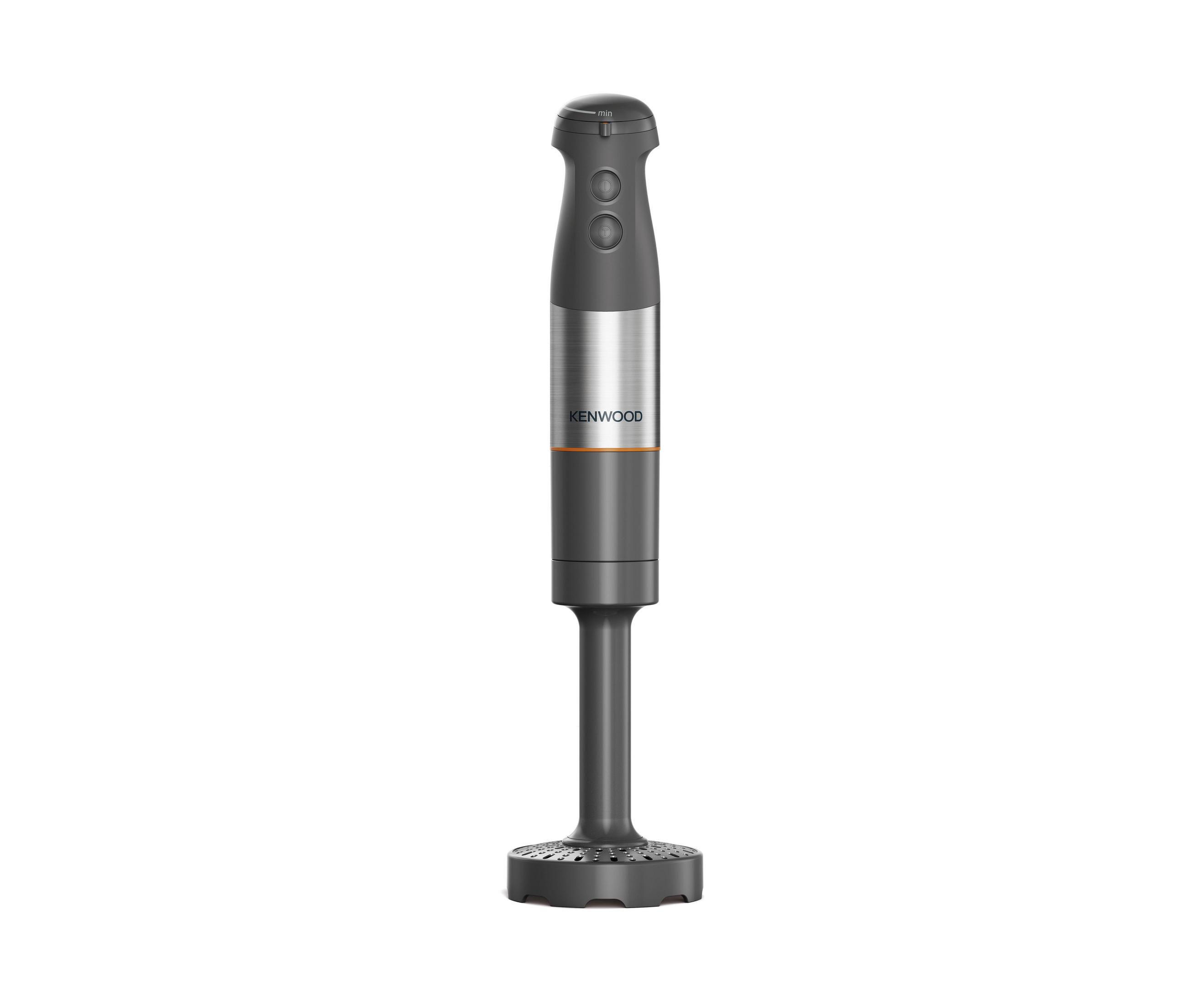 Ein grauer Stabmixer mit silbernem Band und Kenwood-Logo. Weißer Hintergrund.