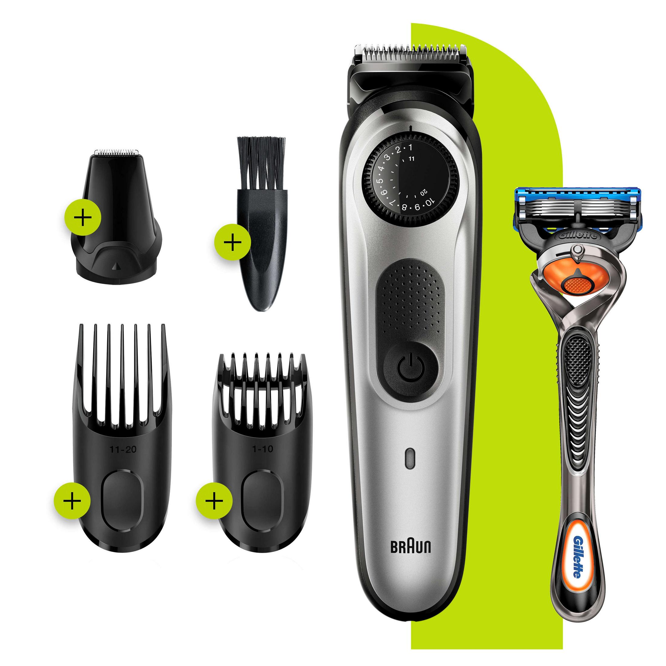 Braun beard trimmer with multiple attachments and a Gillette razor on a white surface.