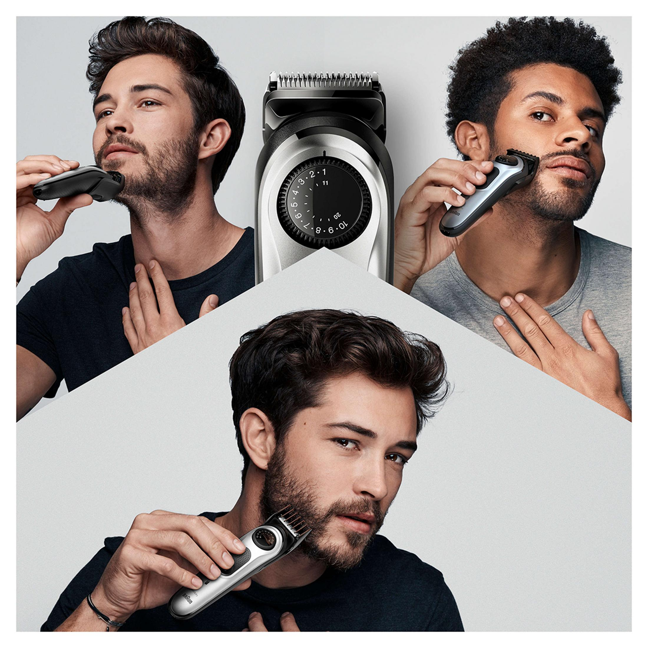 Three men using trimmers. One trims beard, second uses trimmer, and third trims beard.