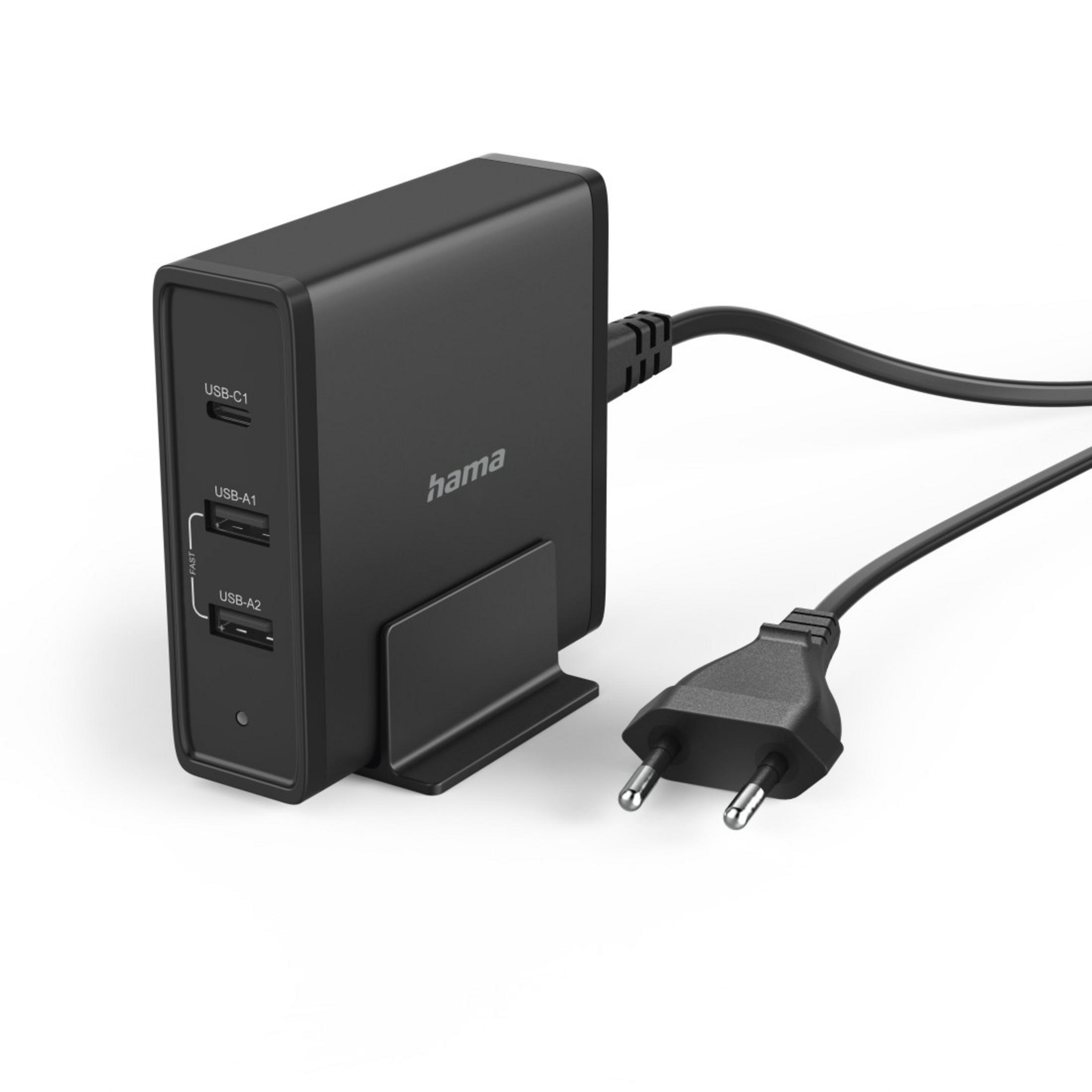 Caricatore USB Hama nero con tre porte e spina.