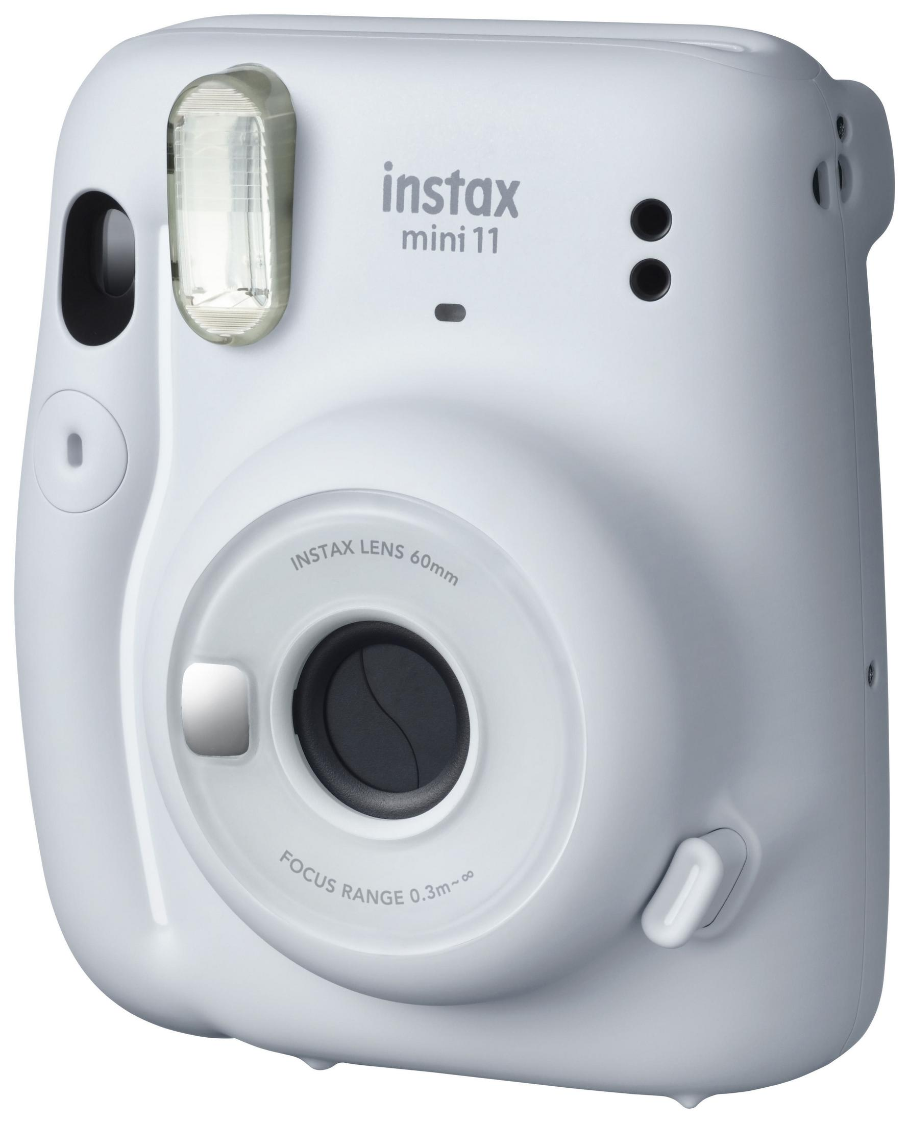 Cámara Instax Mini 11 blanca con objetivo y flash.